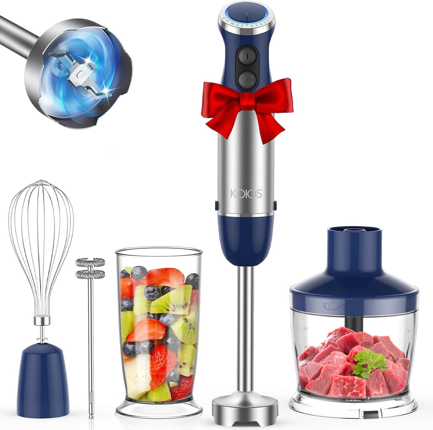 KOIOS 5-in-1 Hand Immersion Blender, 12 Speed Adjustable Emulsifier Handheld Blender, 1000W Copper Motor Stainless Steel Blade Hand Mixer with attachments, Blue