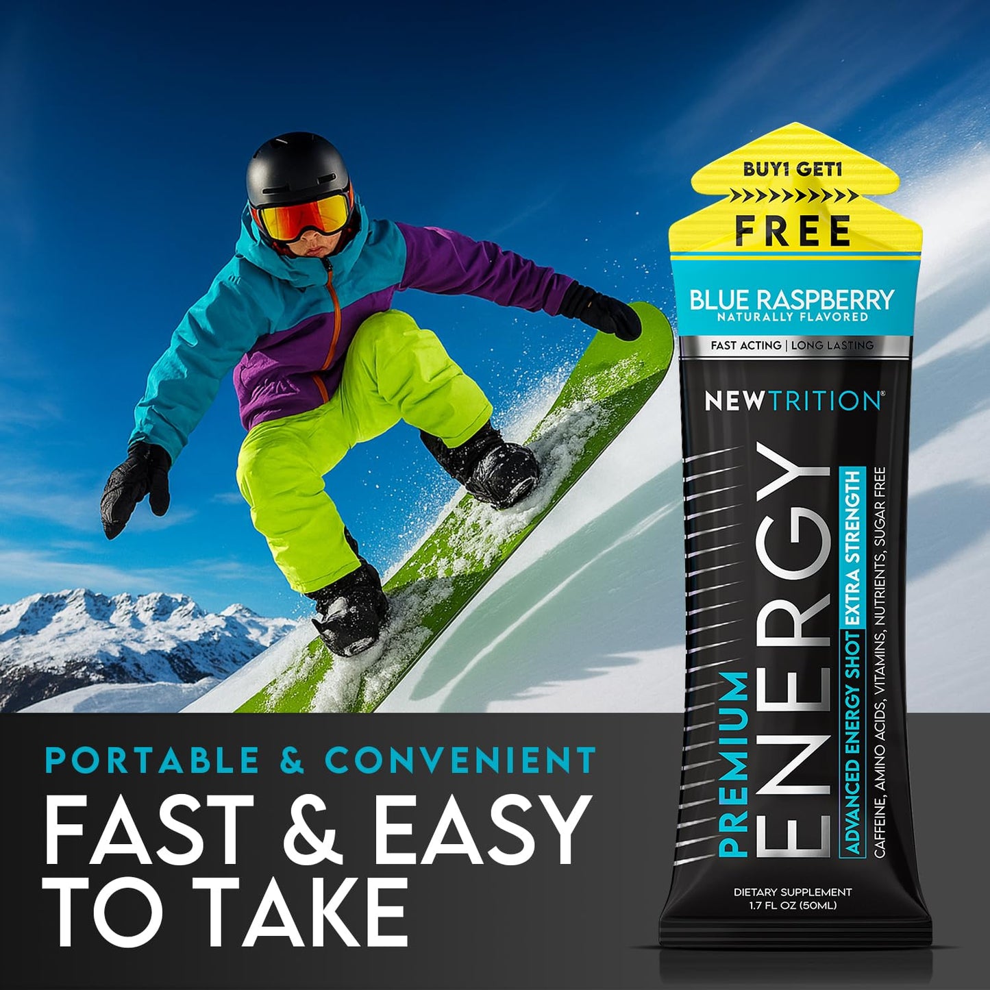 NewTrition® Extra Strength Energy Shots, 250mg Caffeine Energy Shots with Vitamin B & Amino Acids, Sugar-Free Vitamin Energy Shot, 1.7 fl oz (Pack of 6, Blue Raspberry)