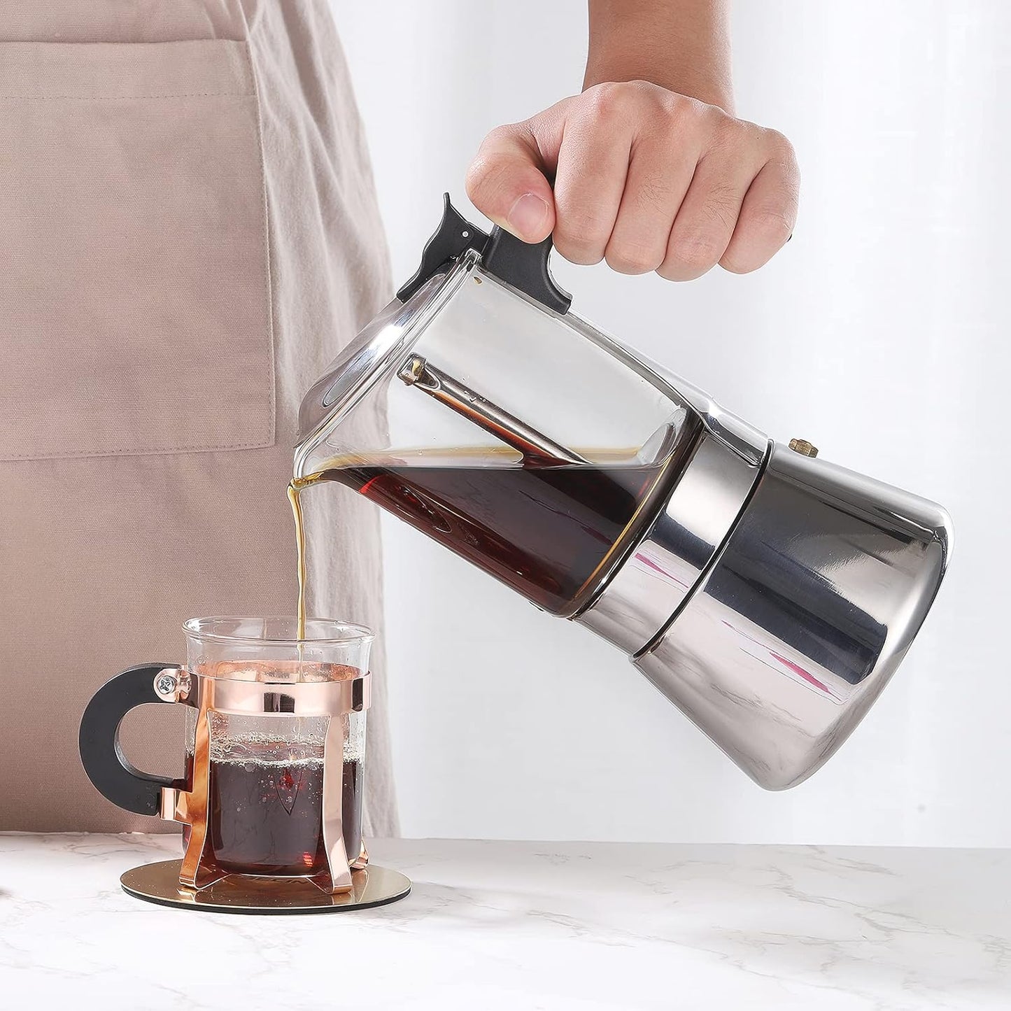 Induction Moka Pot, Crystal Glass-top & Stainless Steel Stovetop Espresso Maker,Classic Italian coffee maker (160ml)