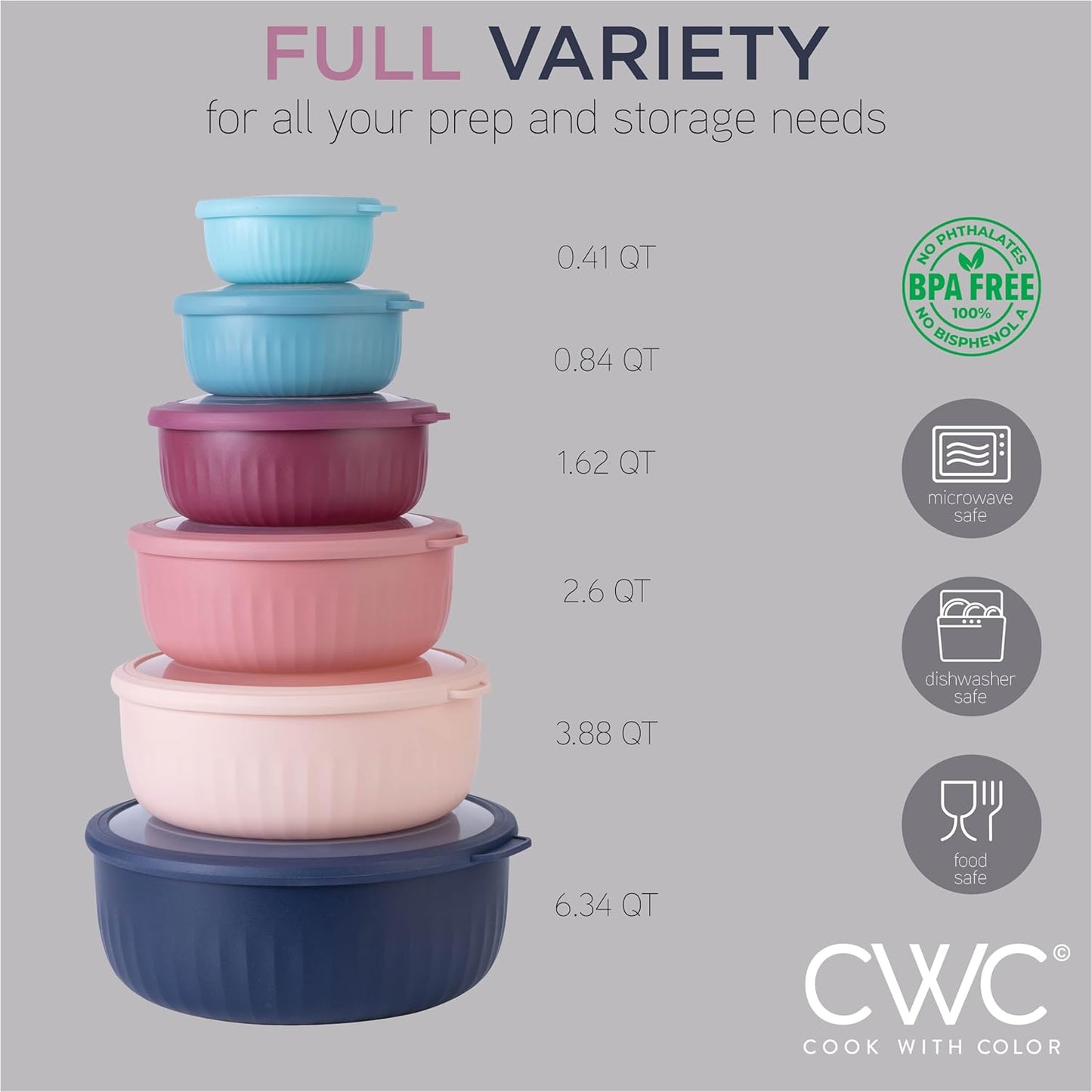 COOK WITH COLOR Prep Bowls with Lids- Wide and Deep Nesting Plastic Small Mixing Bowl Set with Lids, 12 Piece Set - Wide Bowls, Navy