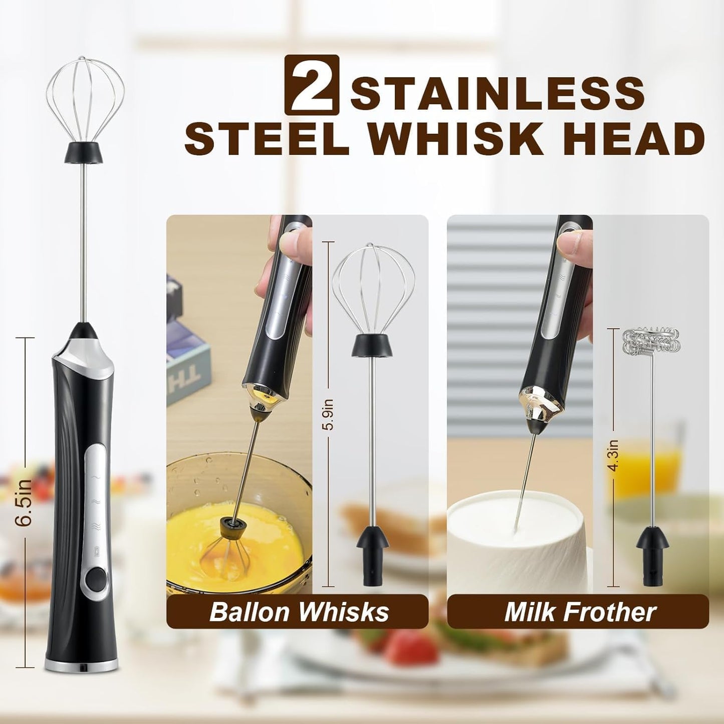 Handheld Electric Milk Frother with 2 Heads, Coffee Whisk Foam Mixer with USB Rechargeable 3 Speeds, Foam Maker Blender for Latte, Cappuccino, Hot Chocolate, Egg (Black with stand)
