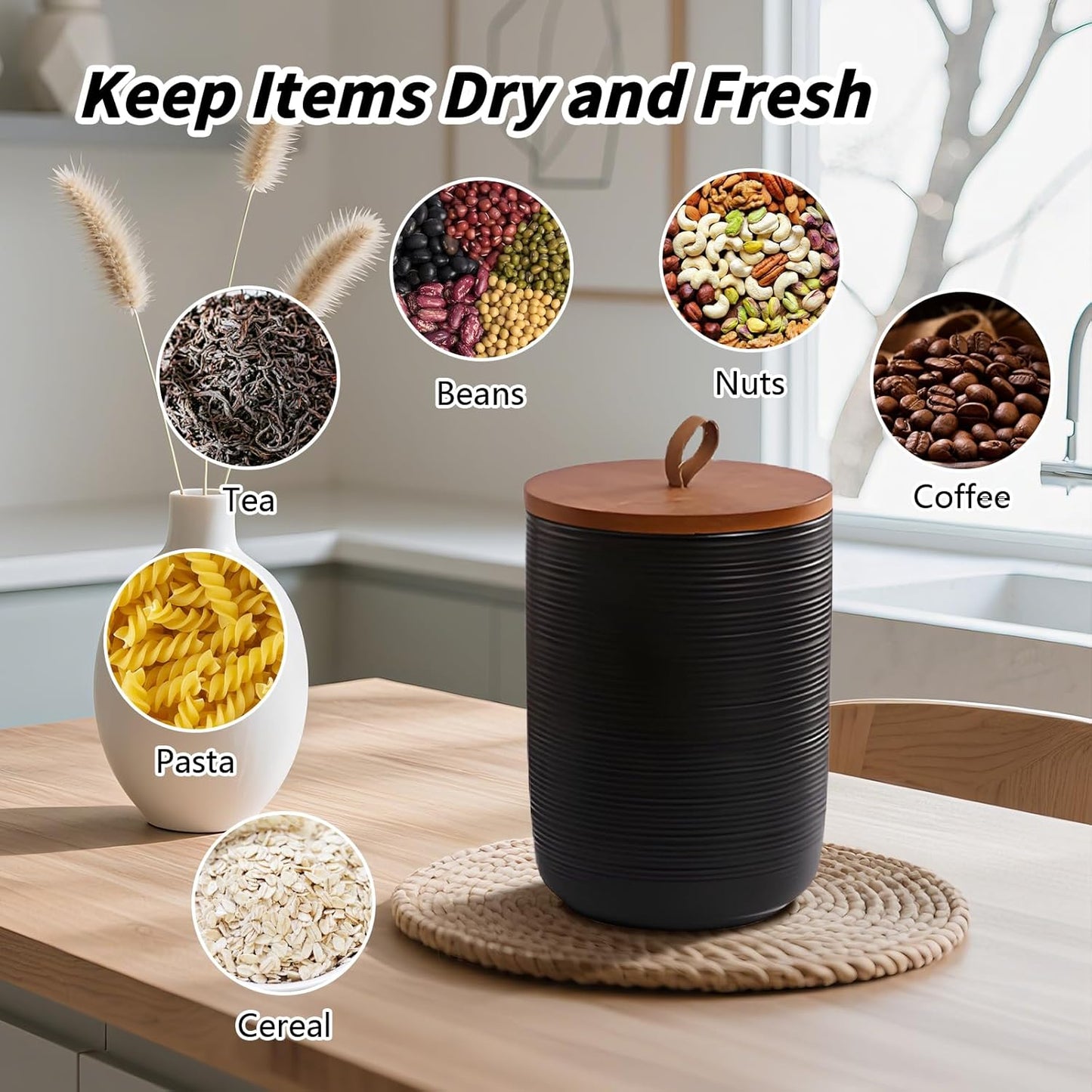 Food Storage Jar Strong Ceramic Storage Canisters with Airtight Wooden Lid,Kitchen Storage Containers for Serving Coffee Beans, Tea, Sugar, Salt, Spices (Medium black)