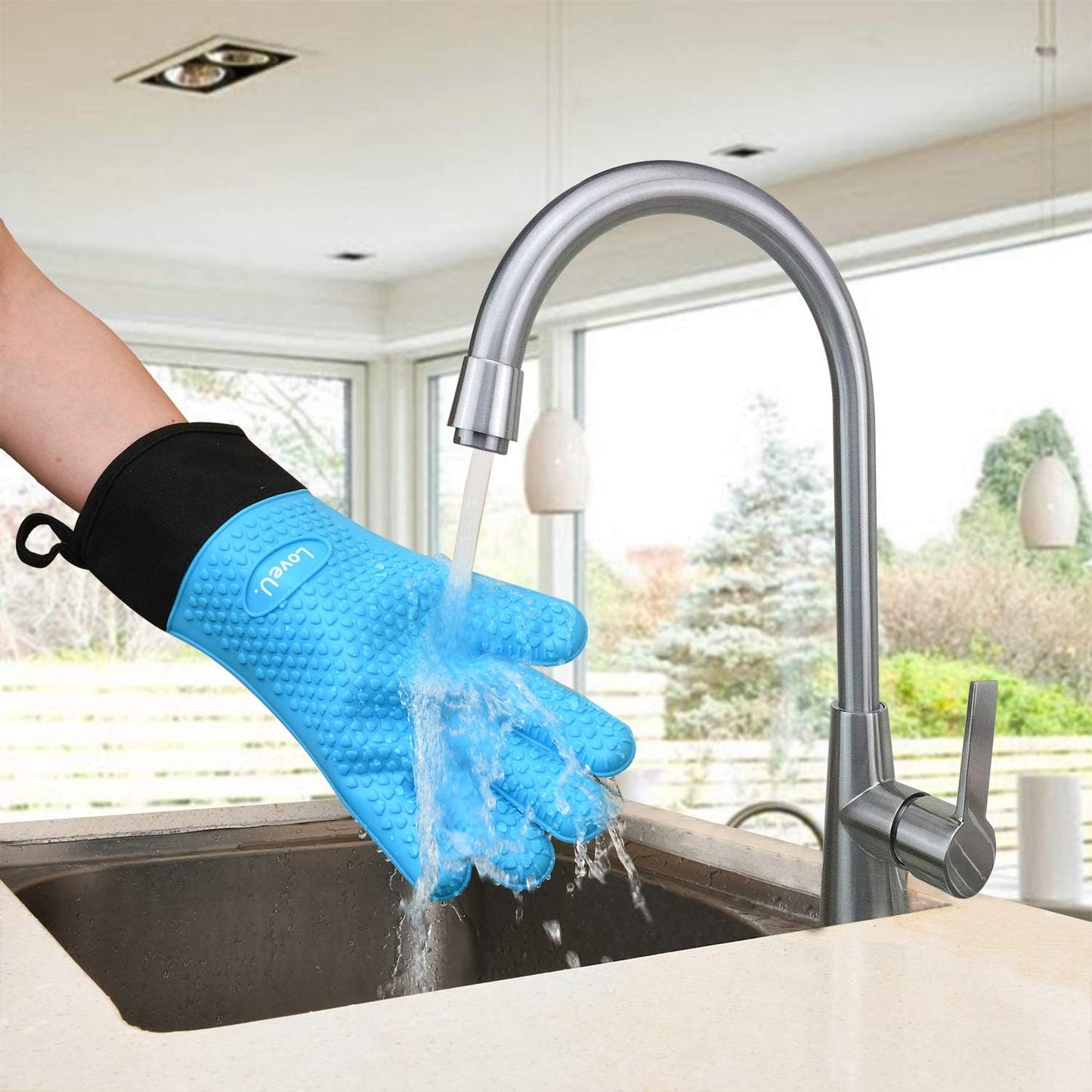 Kitchen Oven Gloves - Dual-Layer Heat Resistant Grilling Gloves, Silicone Oven Mitts with 5 Fingers, Waterproof Non-Slip Pot Holder for Barbecue, Cooking, Baking (Small, Blue Long)