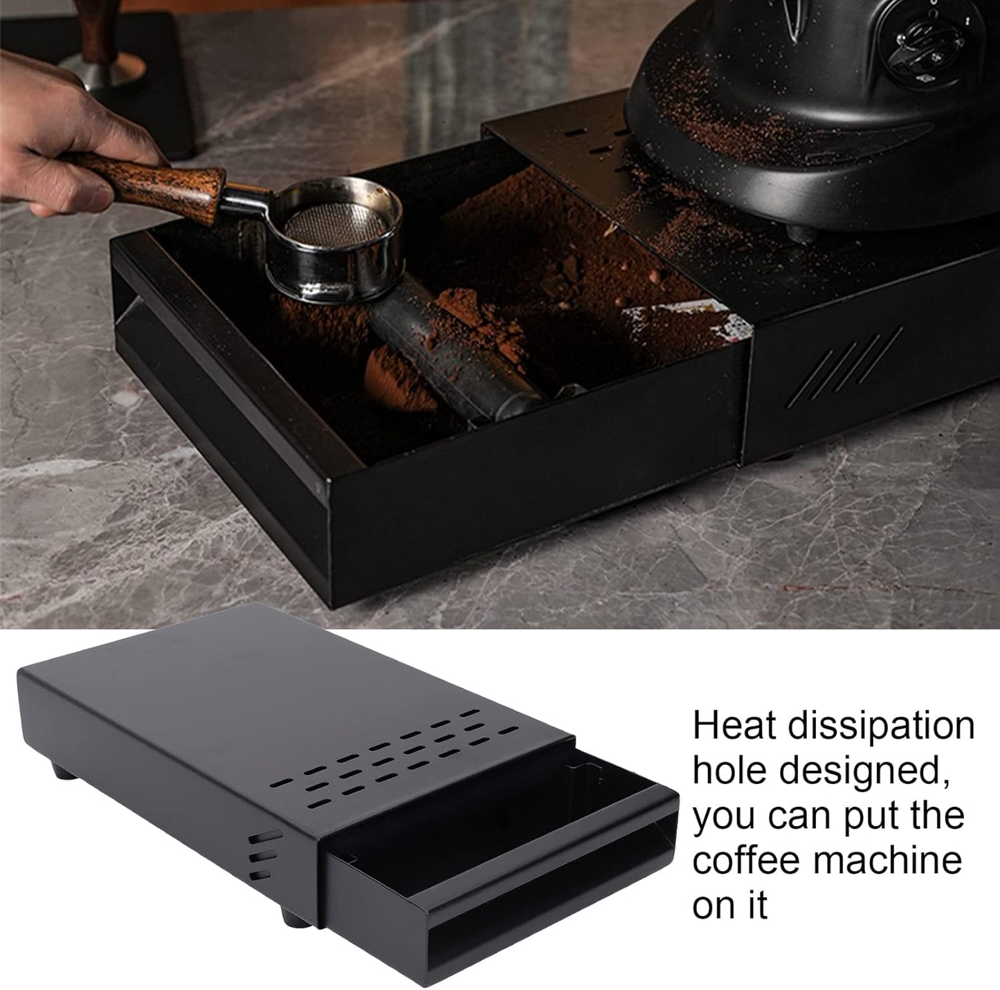 Coffee Knock Box Drawer, Stainless Steel Thickened Coffee Machine Grinder Discarded Coffee Grounds Coffee Powder for Coffee Shop Restaurant Home Bar, 7.1 x 11 x 2 in (Black)