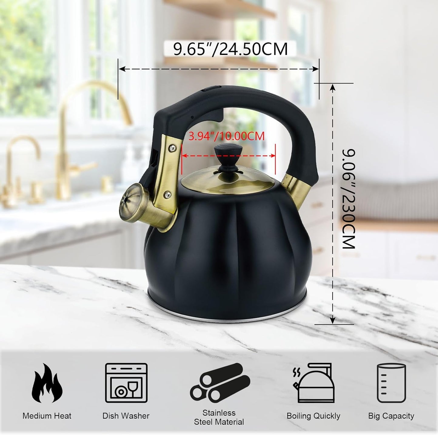 Stainless Steel Tea Kettle for Stove Top Teakettles Stovetop Whistling with Heat Proof Ergonomic Handle 2.5 Quart