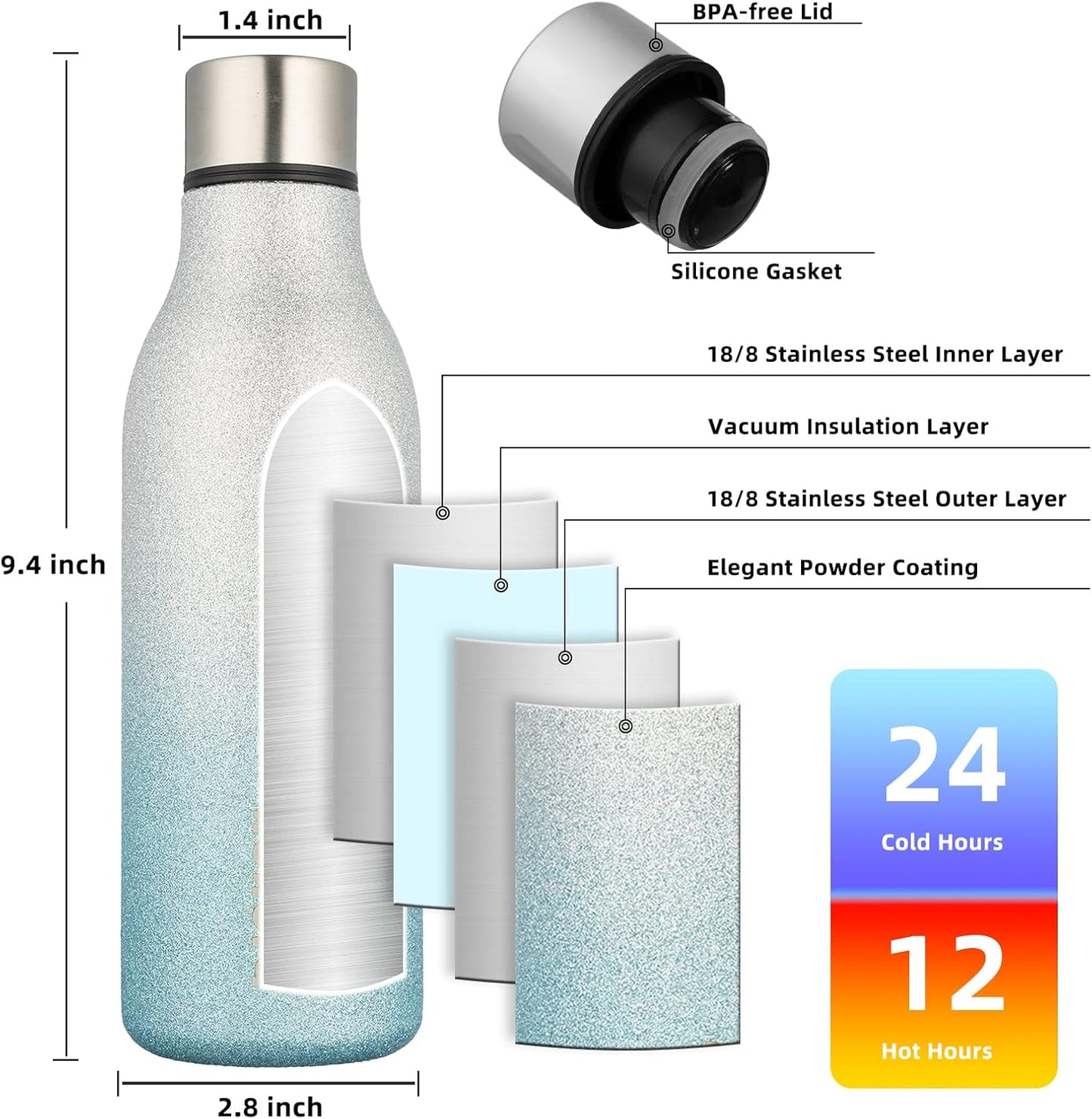 BJPKPK Insulated Water Bottles, 18 oz Stainless Steel Metal Water Bottle with Strap, BPA Free Leak Proof Thermos,Mugs,Flasks, Reusable Water Bottle for Sports & Travel, Sparkling Silver Blue