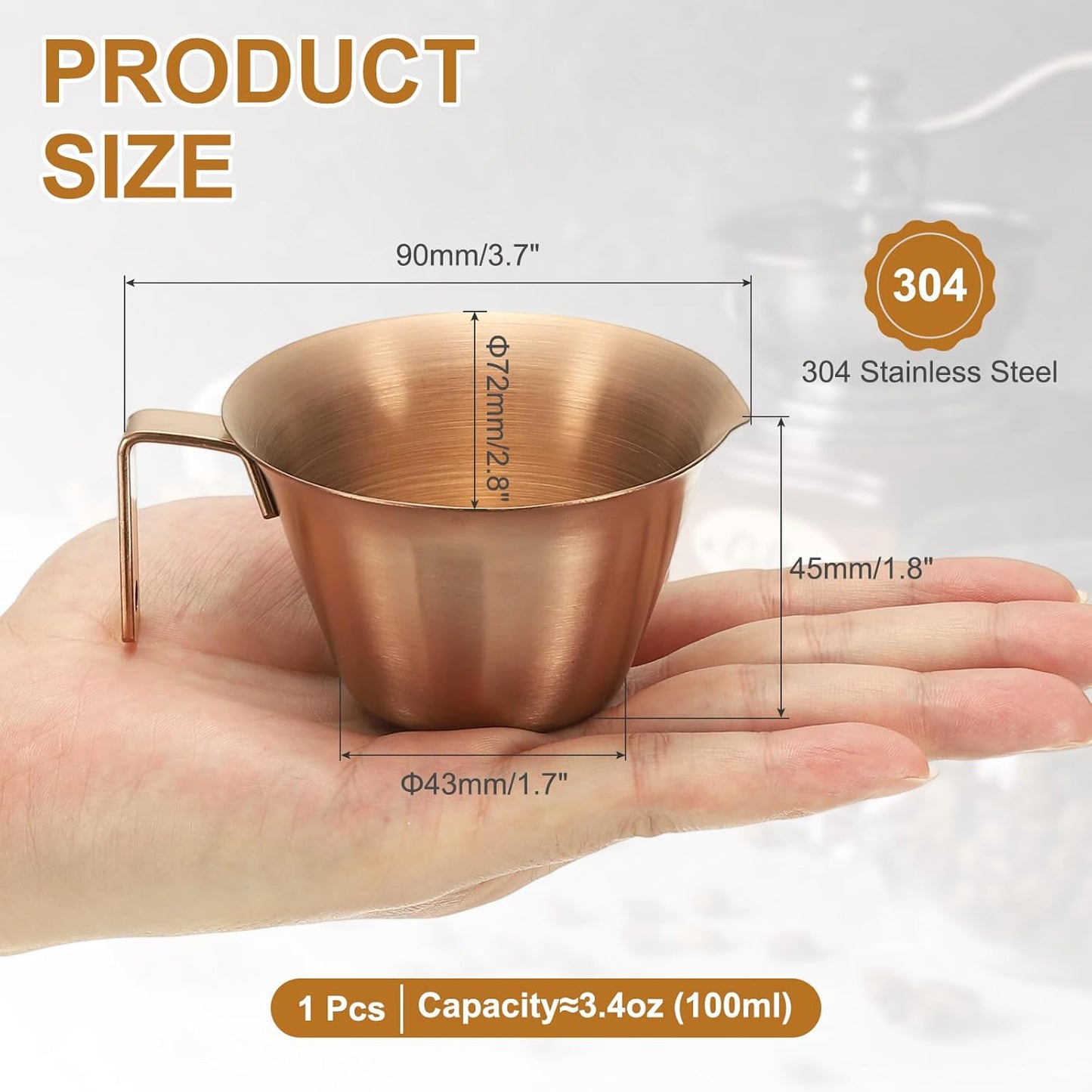 uxcell 1 Pcs Stainless Steel Espresso Cup with Handle, V-Shaped Mouth Espresso Measuring Cup with Scale for Preparing Coffee, Cocktails, 3.4OZ/100ML (Rose Gold)