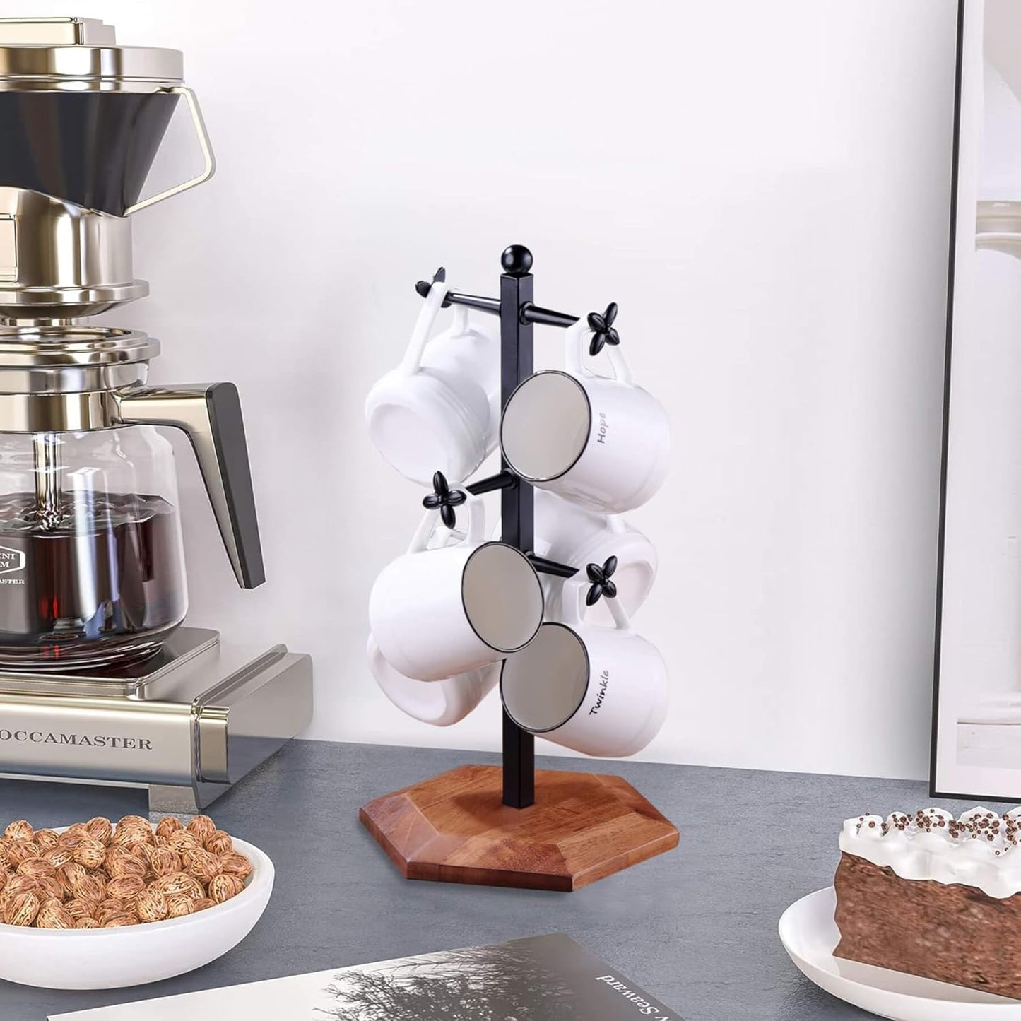 Coffee Mug Holder, Mug Tree for Counter, Cup Holder with 6 Floral Hooks, Wooden Mug Rack, Mug Stand for Counter, Coffee Bar Station Organizer, Black