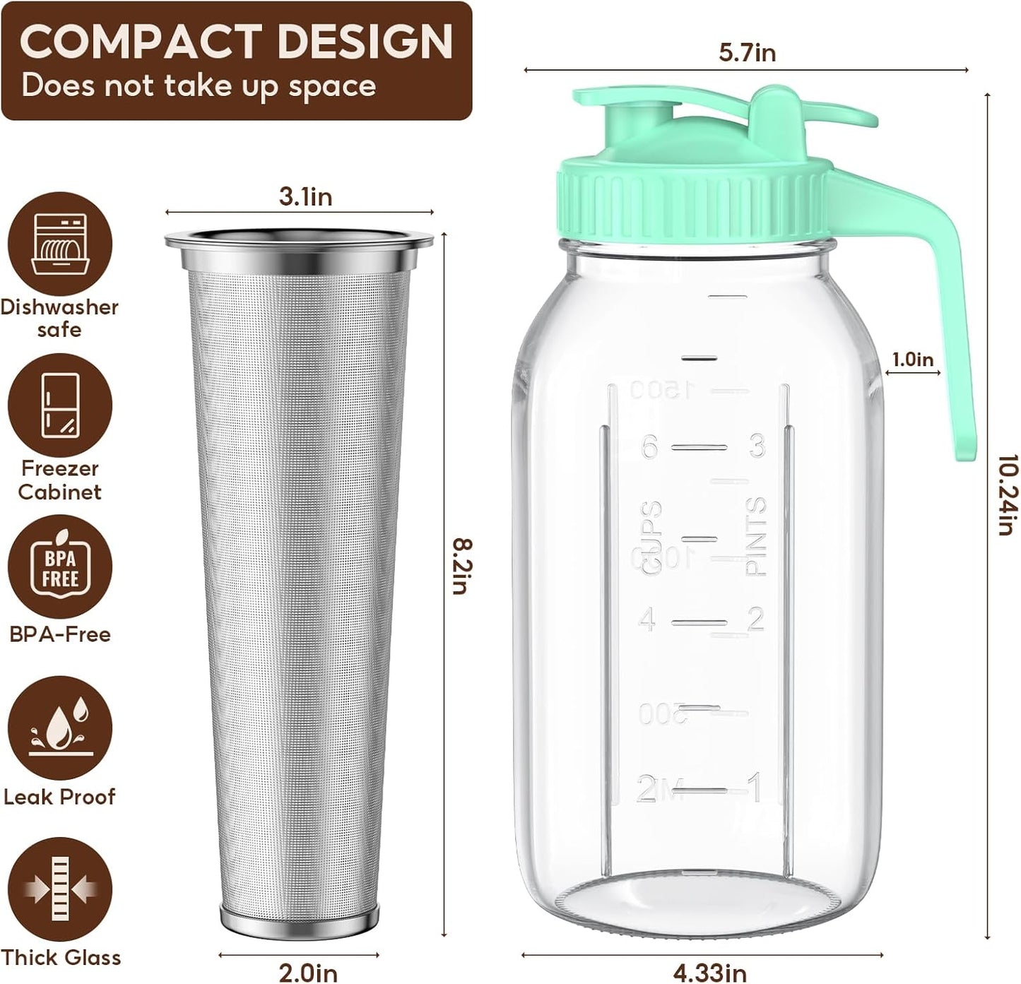 Cold Brew Coffee Maker Jar - 2 Pack 64 oz Glass Cold Brew Maker with Handle, Stainless Steel Filter & Leak-Proof Lid, Heavy Duty Cold Brew Pitcher for Iced Coffee, Sun Tea, and Milk