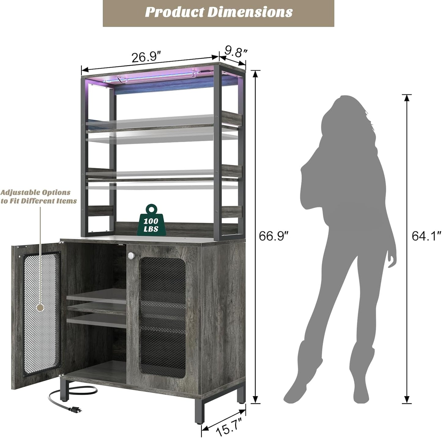 Aheaplus Bar Cabinet with Power Outlets, 67" Tall Wine Bar Cabinet Liquor Cabinet with LED Lights and Glass Holder, Coffee Bar Station for Living Room, Microwave Stand Bakers Rack Cabinet, Black Oak