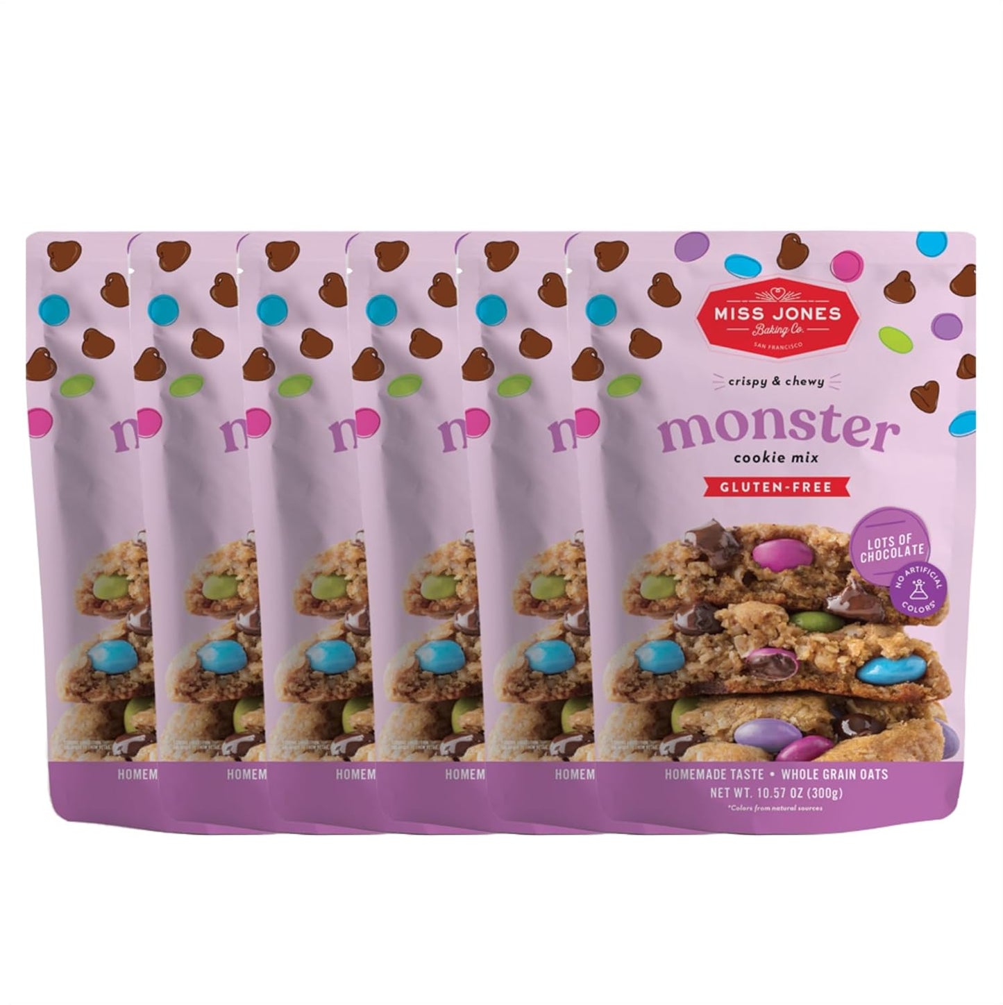 Miss Jones Baking Gluten-Free Monster Cookie Mix - Certified Gluten Free & Made with 100% Oats, Easy To Bake Desserts & Treats, Artificial Colors, 10.57 Ounce (Pack of 6)