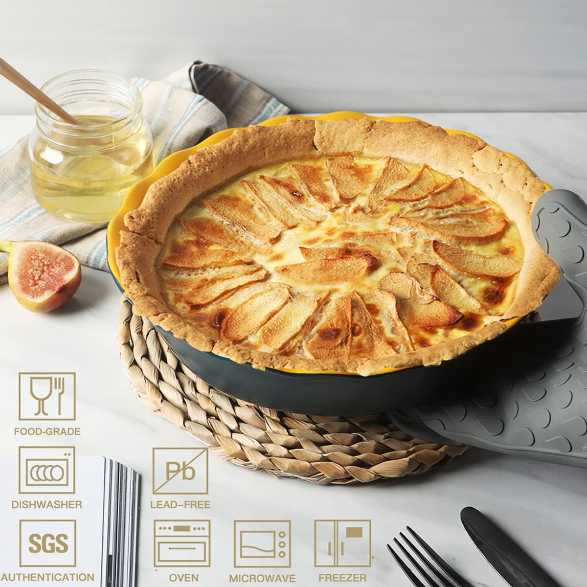 Sweejar Ceramic Pie Pan, 10 Inch Round Baking Dish, Non-Stick with Soft Wave Edge for Apple, Pumpkin, Pot Pies (Blue&Yellow)