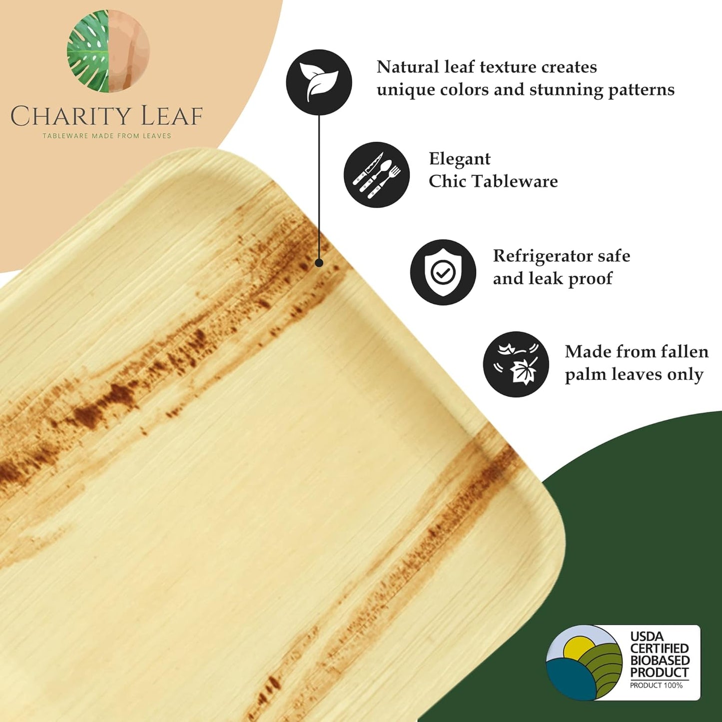 Charity Leaf Eco-Friendly Palm Leaf Trays (50-Pack) - 9"x6" | Elegant Bamboo-Style Platters | Perfect for Weddings & Events | Compostable & Biodegradable Green Serveware