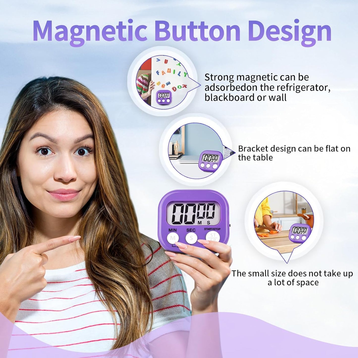 2 Pack Pack Digital Kitchen Timer Magnetic Digital Timer with Big Display Loud Ring Cooking Timers for Cooking, Game, Gym, Break Time, Classroom (2, Blue, Purple)