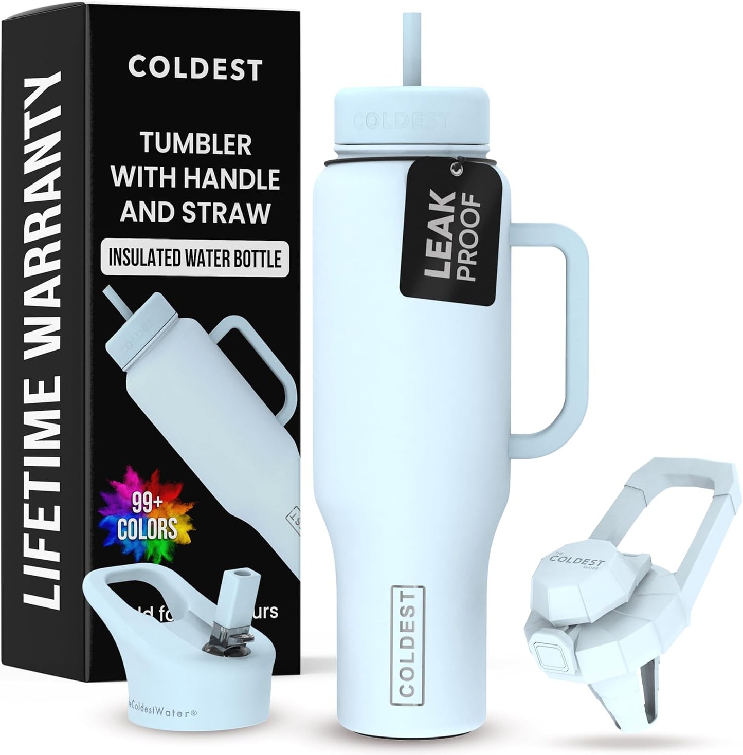 Coldest 40 oz Tumbler with Handle and Straw - 100% Leak Proof Insulated Tumbler with Lid and Straw (3 Lids) - Stainless Steel Tumblers for Women & Men - Cup Holder Friendly Base, 46 oz (Morning Mist)