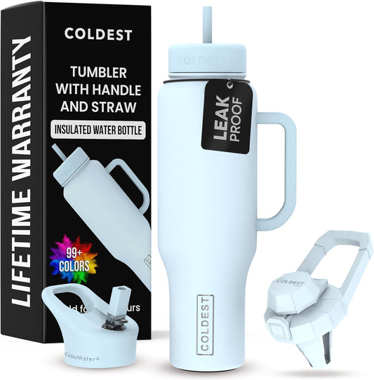 Coldest 40 oz Tumbler with Handle and Straw - 100% Leak Proof Insulated Tumbler with Lid and Straw (3 Lids) - Stainless Steel Tumblers for Women & Men - Cup Holder Friendly Base, 46 oz (Morning Mist)