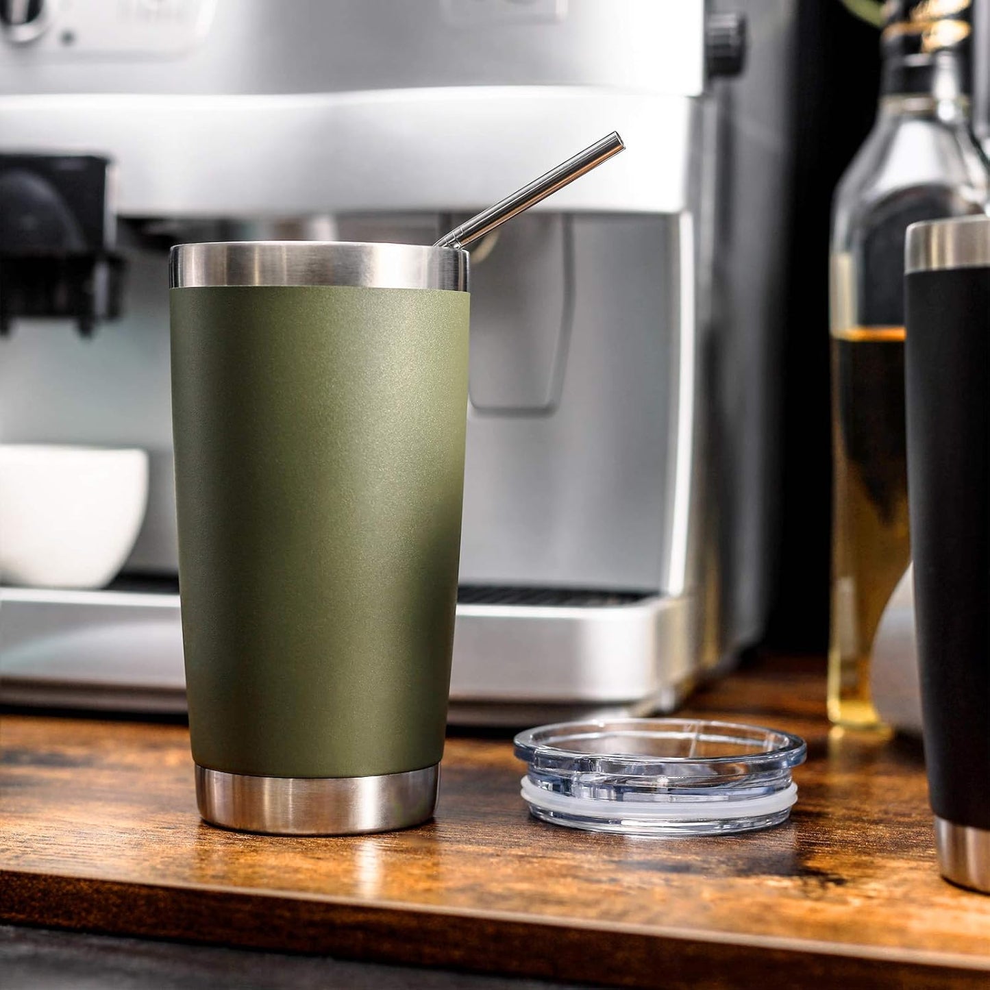 COMOOO 20oz Double Wall Vacuum Insulated Travel Mug, Stainless Steel Tumbler with Lid and Straw Durable Powder Coated Insulated Coffee Cup for Cold & Hot Drinks（Army Green, 1 Pack）