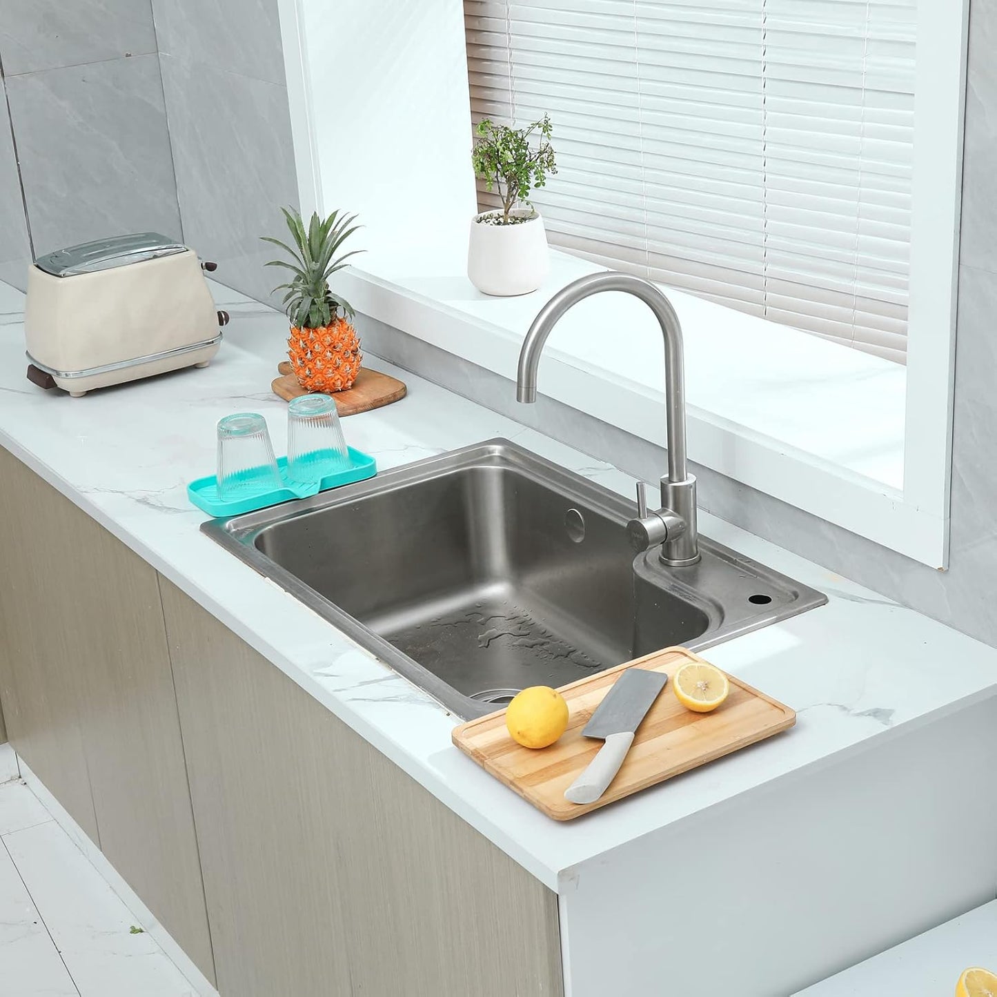 Silicone Bathroom Soap Dishes with Drain Spout-Bathroom and Kitchen Sink Organizer,Sponge Holder,Dish Soap Tray,Perfect for Dispenser,Scrubber,Bottle,Cup on Sink or Counter-Mint 9.6"×5.3"