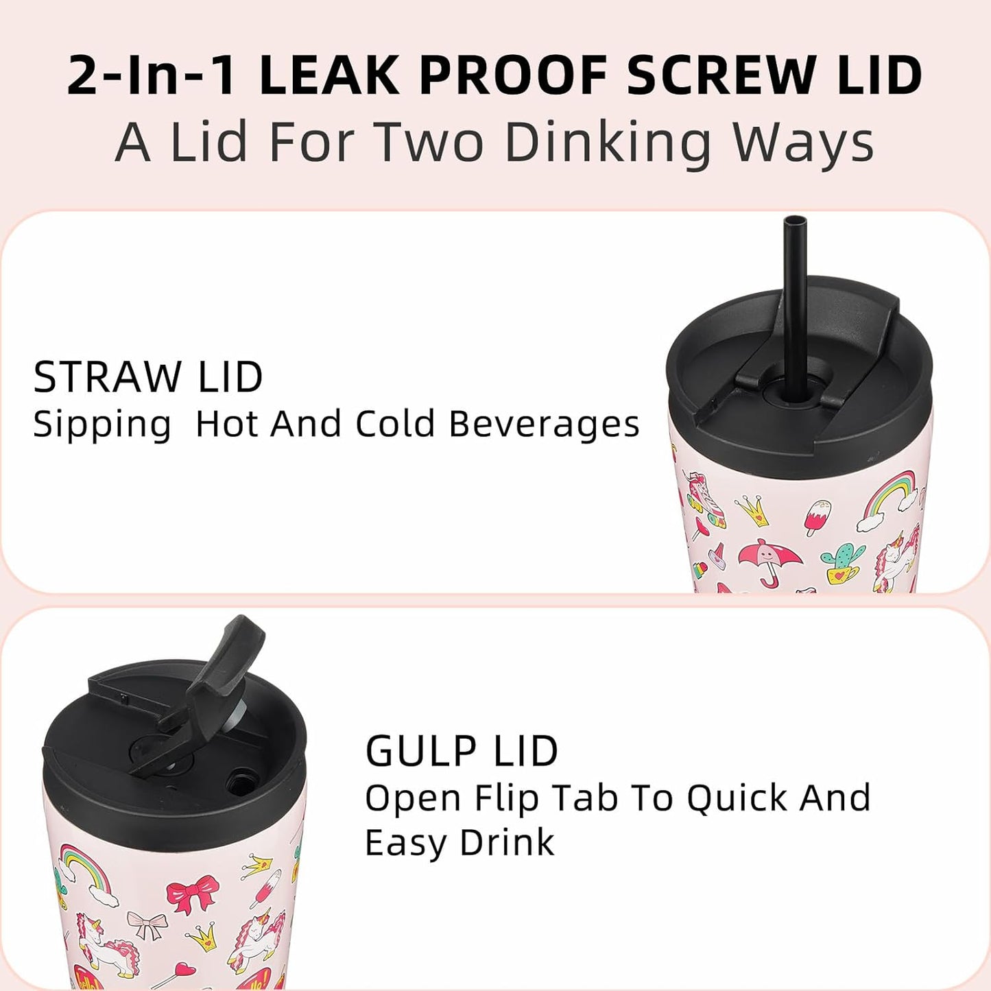 BJPKPK 22oz Insulated Tumbler With lid And Straw Stainless Steel Tumblers Travel Coffee Mug Reusable Thermal Cup,Unicorns