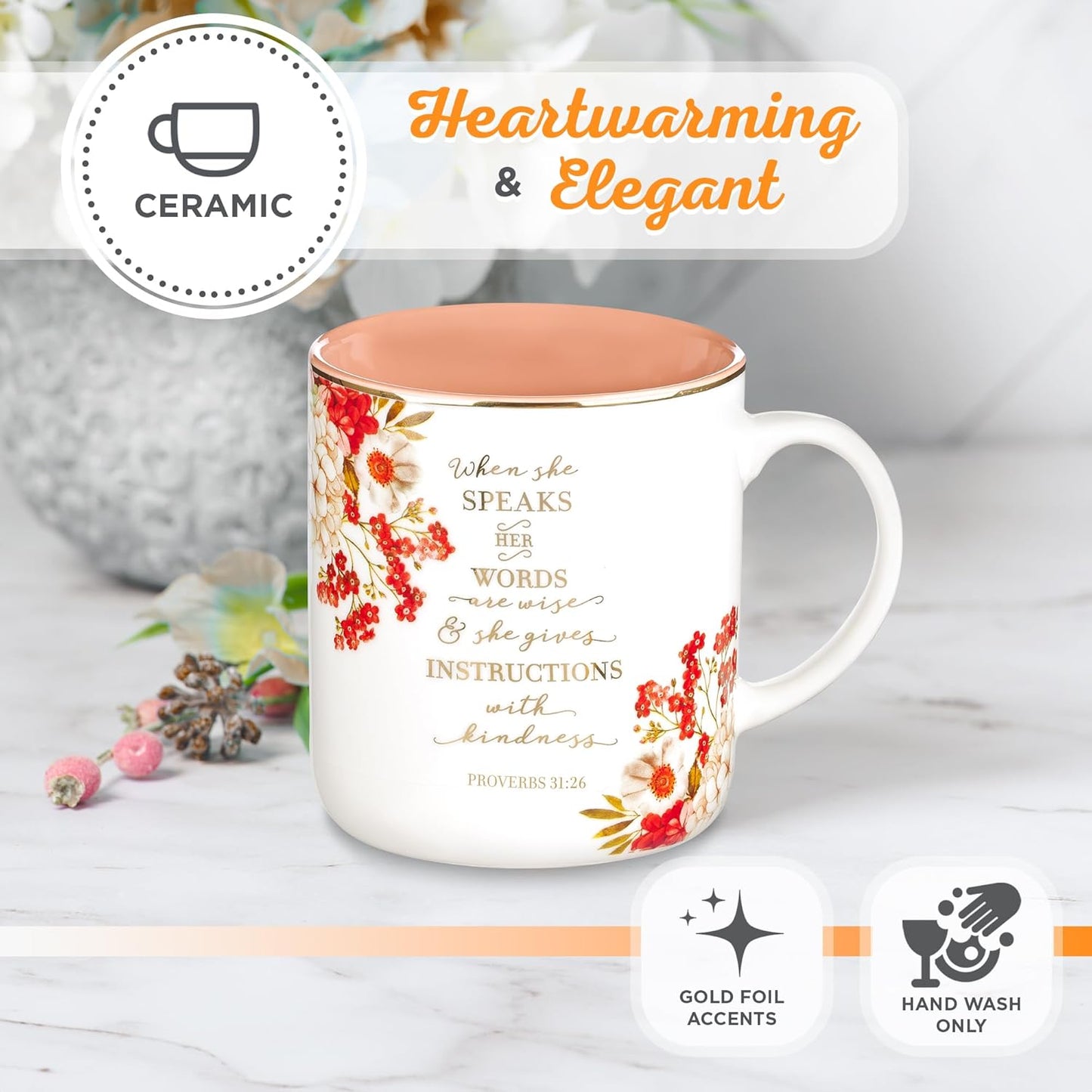 Christian Art Gifts Floral Ceramic Coffee Mug with Gold Rim – 14 oz. Lead & Cadmium-free, Non-toxic Inspirational Scripture Coffee & Tea Mug for Women with Bible Verse: When She Speaks –Proverbs 31:26