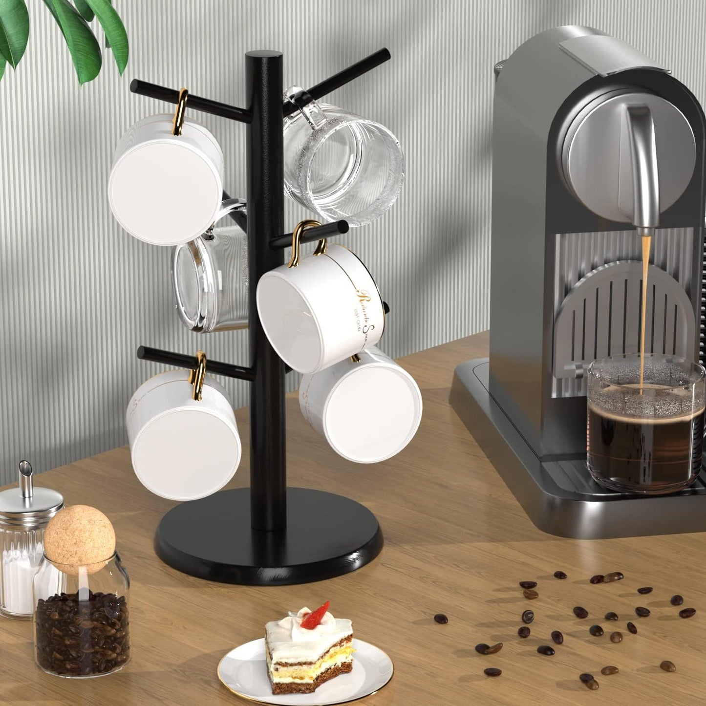 Wisuce Black Coffee Mug Tree Bamboo Mug Holder Coffee Cup Stand Mug Holders for Countertop Coffee Mug Rack Organizer Stand (Black Basic)
