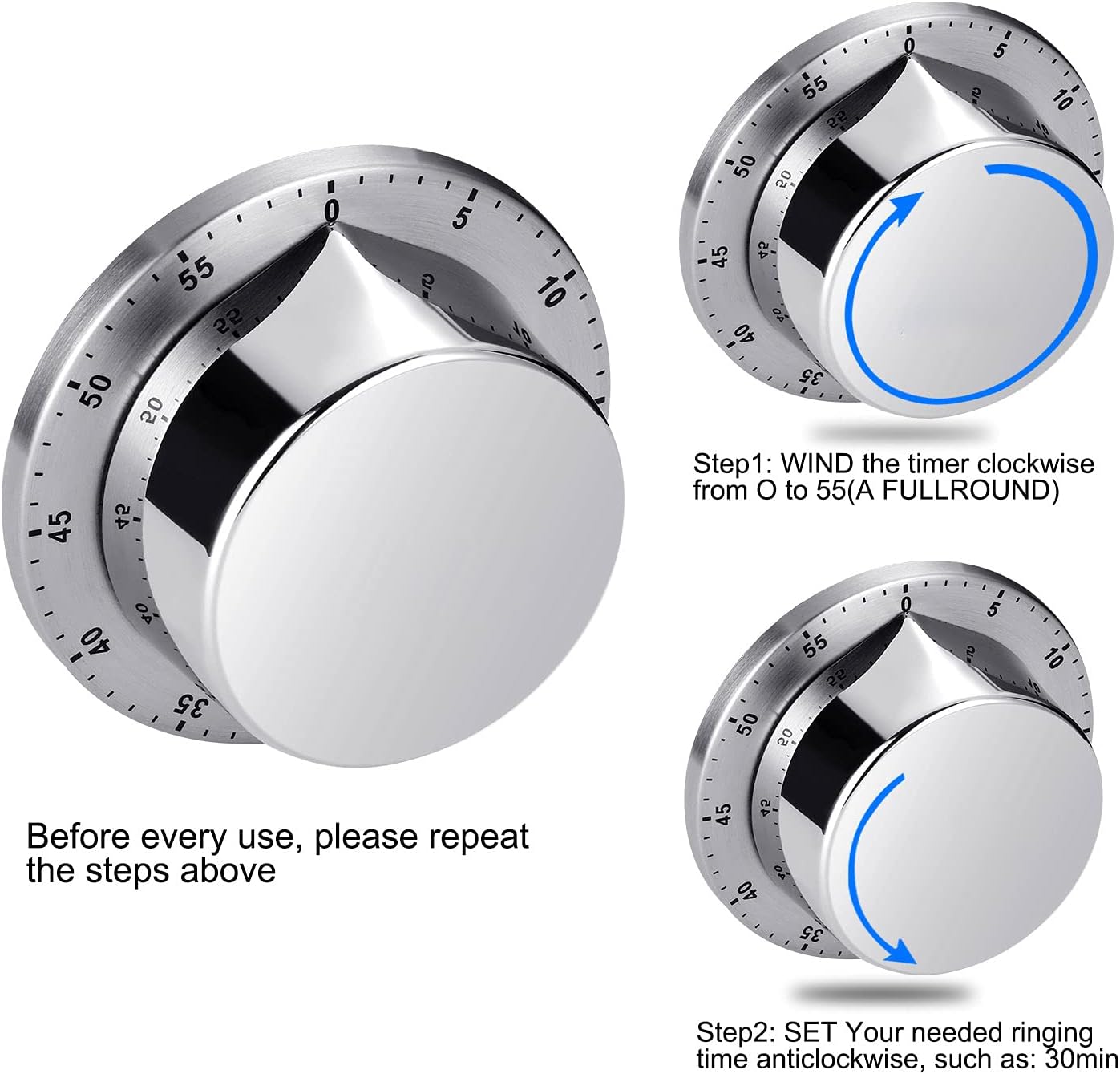 Kitchen Timer, Chef Cooking Timer Clock with Loud Alarm, No Batteries Required, 100% Mechanical - Magnetic Backing, Exquisite Stainless Steel Body - Countdown Reminder - Silver 1Pack