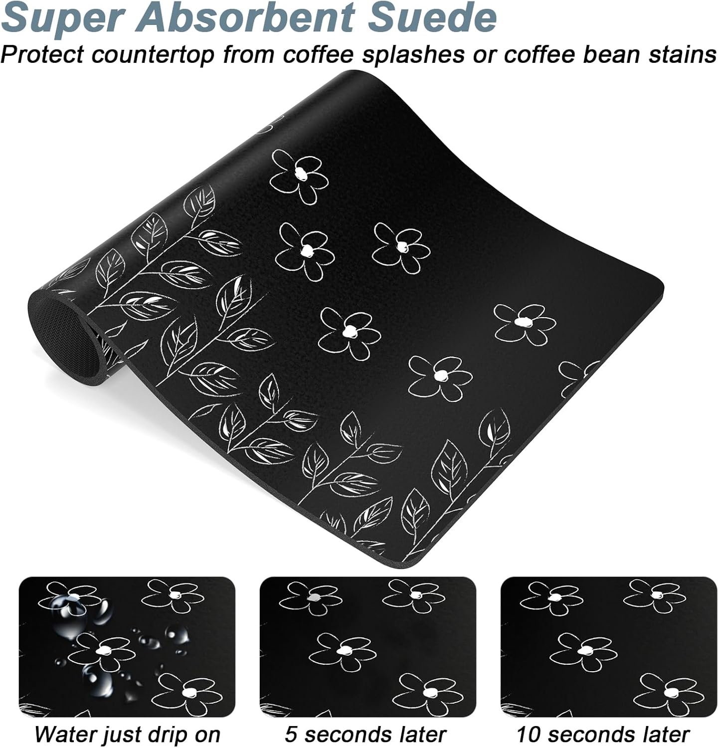 Rnivvi Coffee Mat, 12" x 19" Cute Coffee Bar Mats for Espresso Machine Station Accessories and Organizer, Hide Stain Rubber Backed Absorbent Dish Drying Pad for Kitchen Counter, Black White Flowers