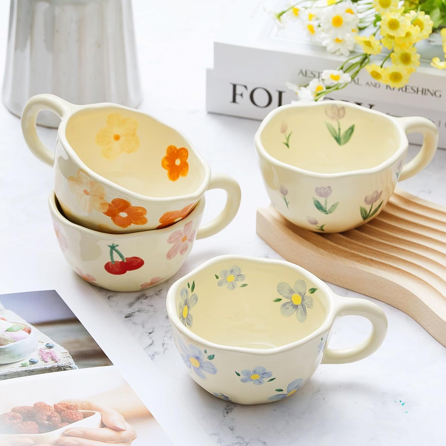 Vesici 4 Styles Cute Ceramic Flower Coffee Mug Set 8. 5 oz Vintage Aesthetic Porcelain Floral Tea Coffee Cup with Handle Dishwasher Microwave Safe for Woman Girls Gifts