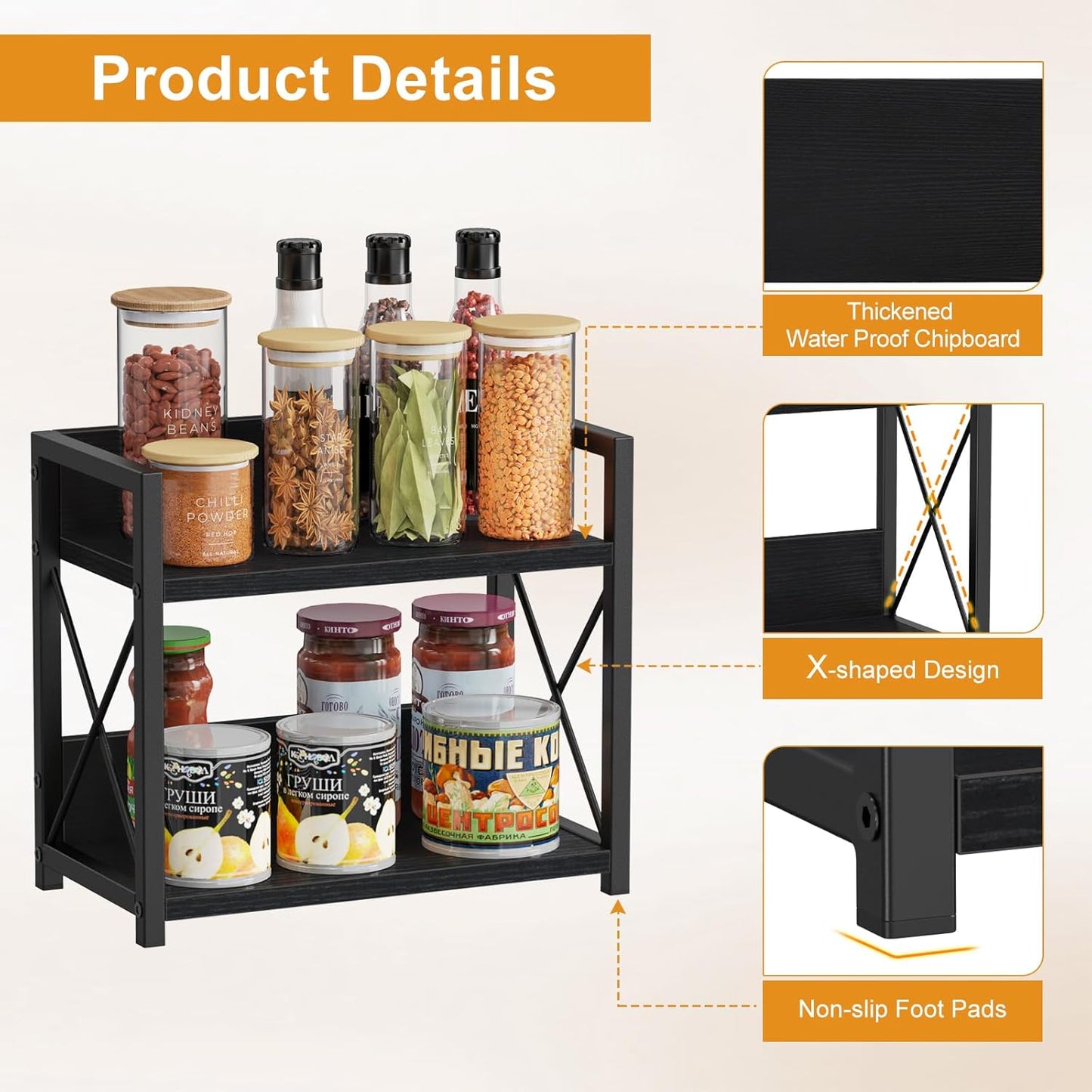 Giikin Kitchen Counter Shelf, 2 Tier Kitchen Spice Rack Organizer for Countertop, Wood Coffee Bar Organizer for Home (Black, S)