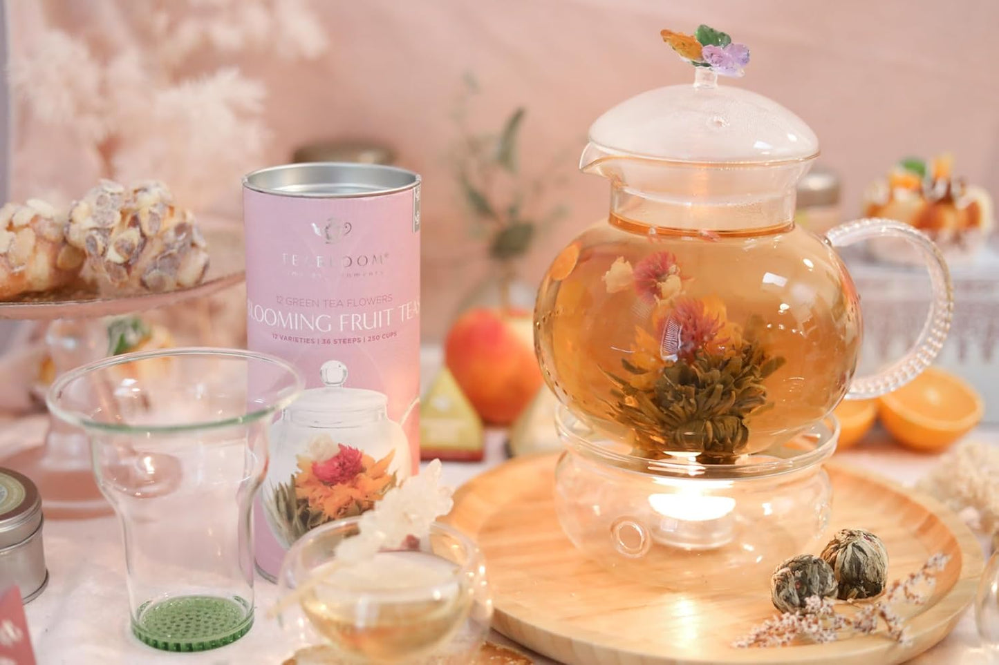 Teabloom Wings of Love Teapot - 40 oz. Borosilicate Glass Butterfly Teapot, Loose Leaf Tea Glass Infuser - 2 Free Blooming Tea Flowers included