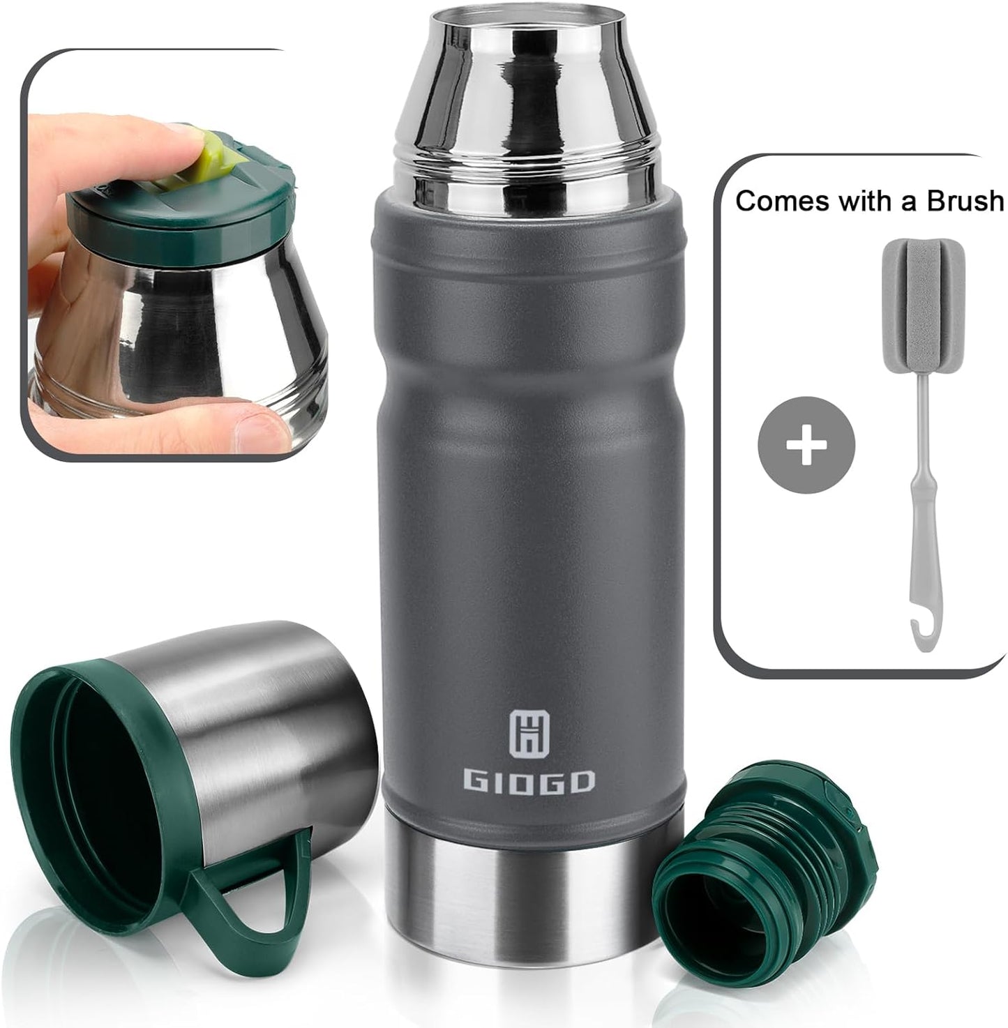 Vacuum Insulated Water Bottle Thermo Water Flask with Cup 680ml/23oz Stainless Steel Thermal Water Bottles Thermo for Hot and Cold Drinks Coffee Water(Dark Grey,Set)