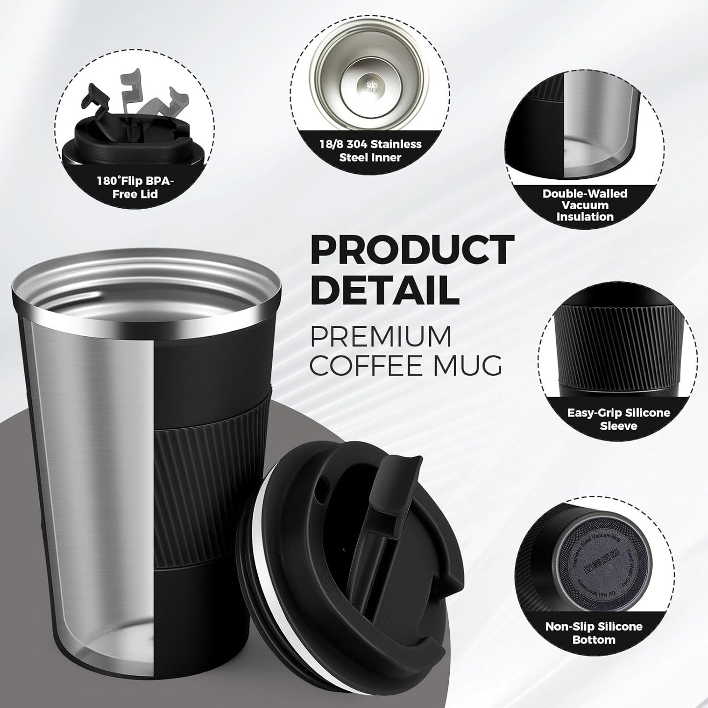 Volhoply 13 oz Stainless Steel Insulated Travel Coffee Mug with Fip Lid Bulk 2 Pack,Reusable Double Wall Vacuum Metal Coffee Cup,Portable Leak Proof Thermal Tumbler for Hot & Cold Drinks(Assorted,2)