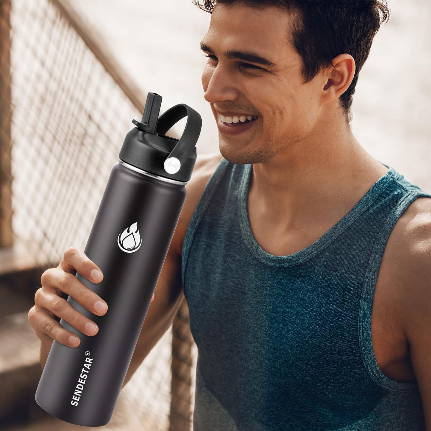 SENDESTAR Stainless Steel Water Bottle, Wide Mouth 24 oz Water Bottle with Straw Lid, Spout Lid, Double Wall Vacuum Insulated Leak Proof, Keeps Liquids Hot or Cold (Black)