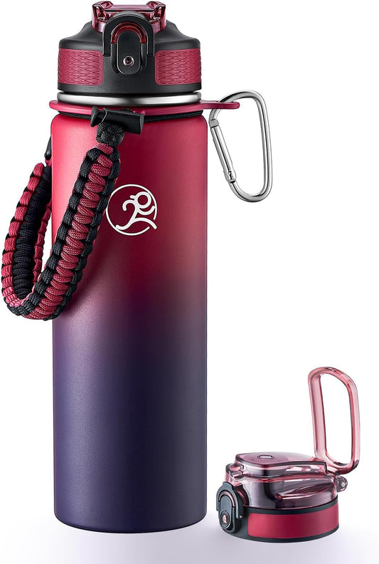 GOSWAG Insulated Sports Water Bottle, 24oz 2 Lids(with Straw/No Straw), Stainless Steel Water Bottles with Paracord Handle, Insulated Bottle with Double-Wall Vacuum Insulation
