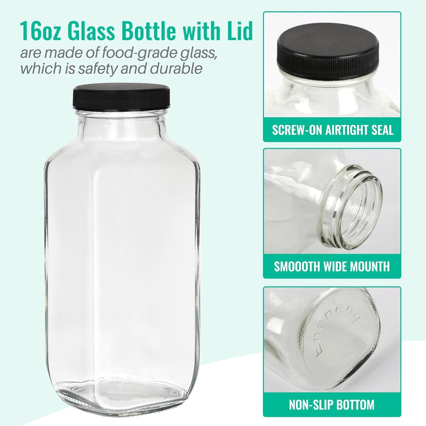 16 oz Glass Juice Bottles with Lids 3 Pack, Reusable Glass Drink Bottles,500ml Water Drinking Bottle for Milk,Juicing,Kombucha,Ginger,Beverage Glassware,Juice Drinking Jars