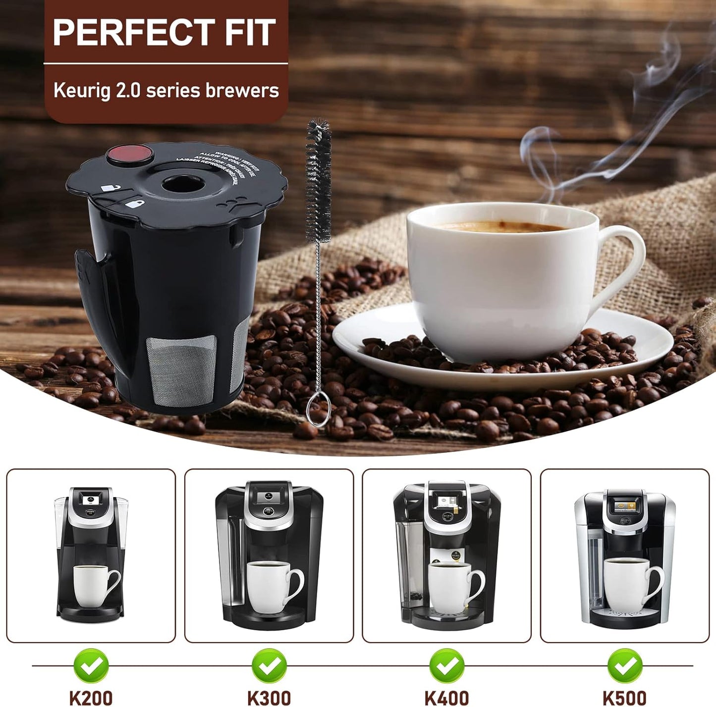 6-Pack Sikawai Fit for 119367 Reusable Coffee Keurig Filter Replacement Part K200 K250 K300 K350- Reusable K Cups for Keurig K-cup 2.0 Series Keurig Reusable Coffee Pods with Cleaning Brush