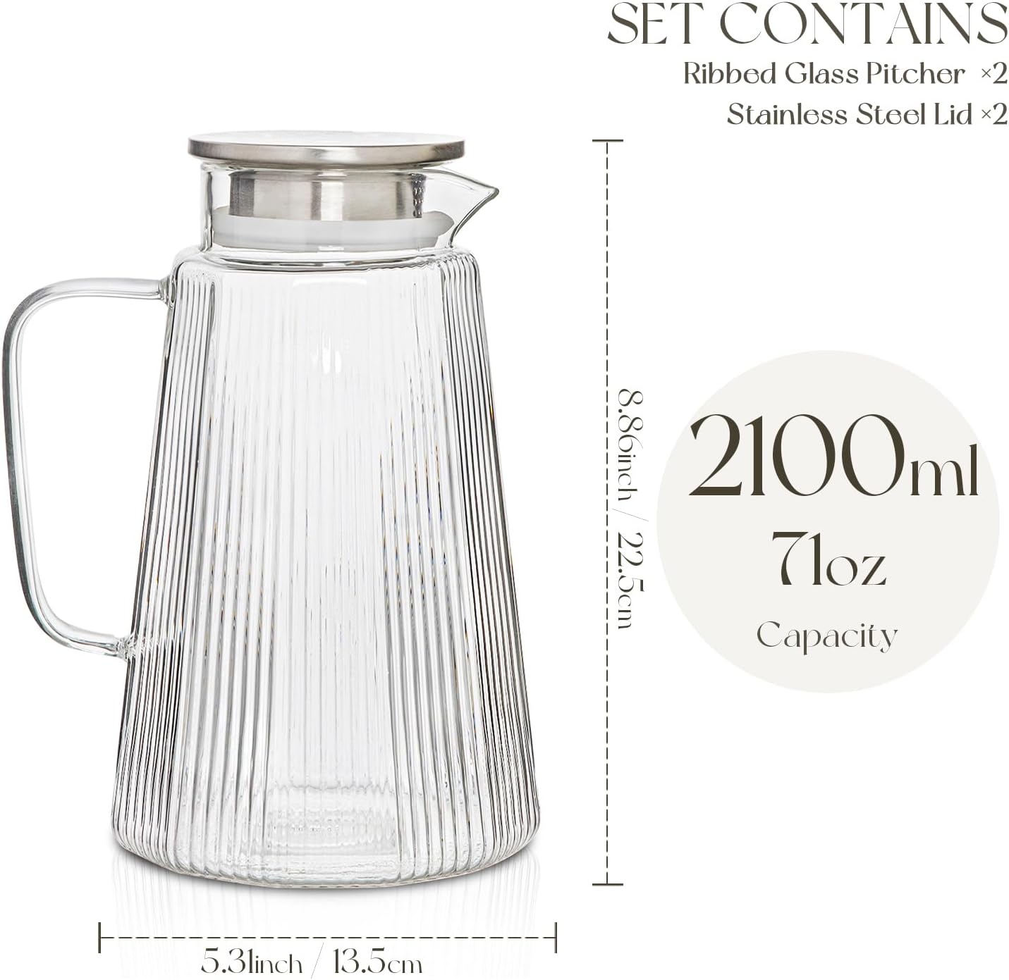 [2 Pack] Ribbed Glass Pitcher Set – 71oz Heat-Resistant Beverage Jugs with Lid for Water, Iced Tea, Juice, Coffee – Large Borosilicate Carafes for Hot & Cold Drinks, Elegant Serving Pitchers