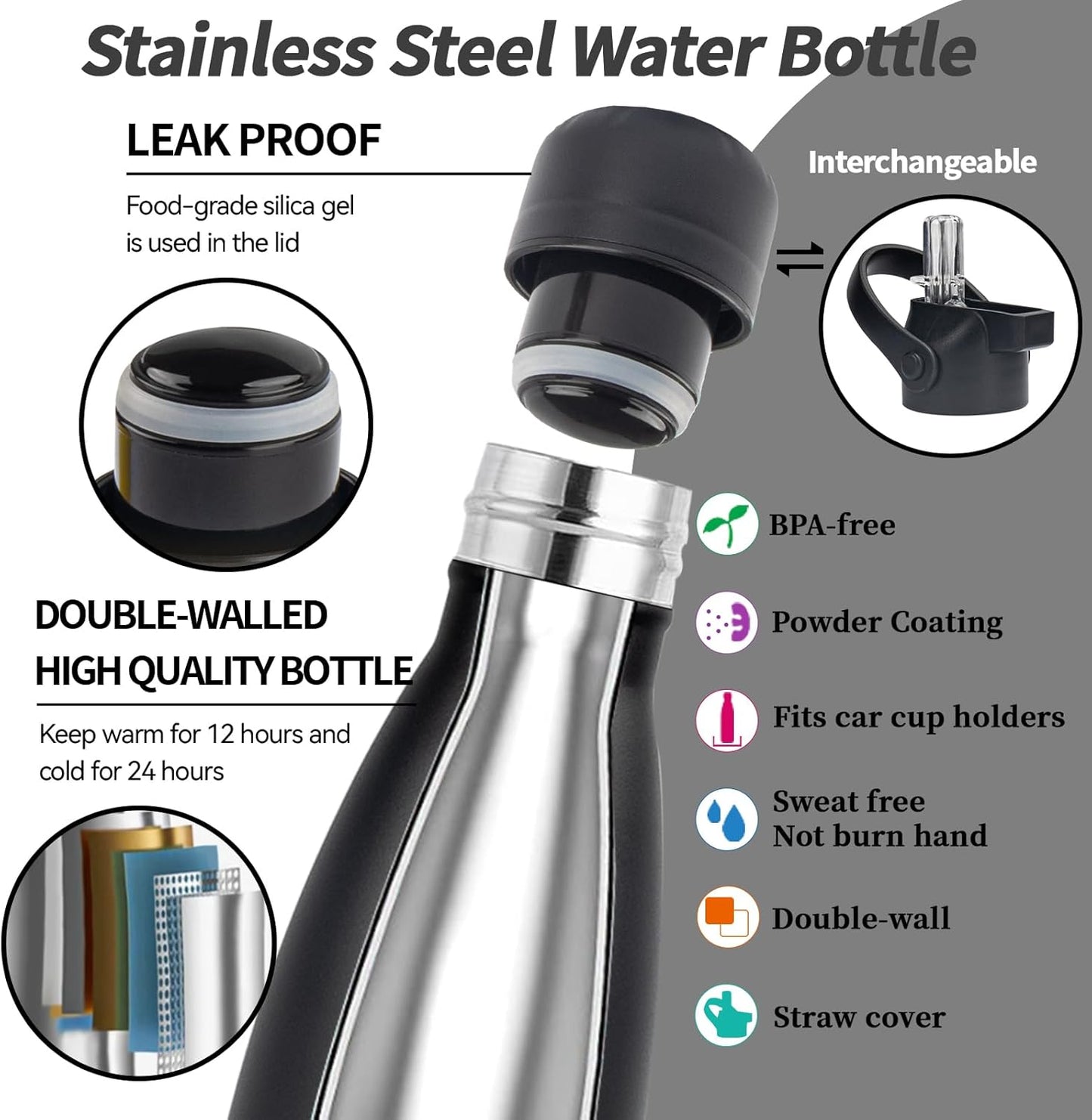 Insulated Water Bottle, 12oz Stainless Steel Water Bottles with straw lid, Metal Sports Water Bottles for Boys,Girls, Double Wall Vacuum BPA-Free Flask for School, Sports & Travel-Black