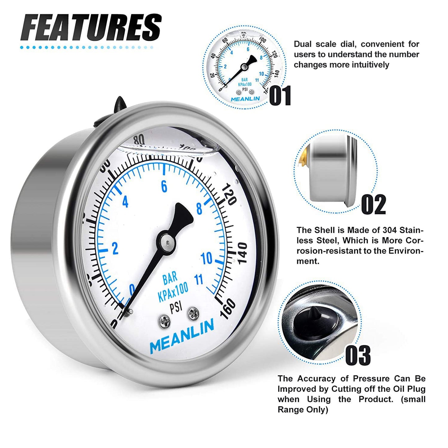 MEANLIN MEASURE 0~160Psi Stainless Steel 1/4" NPT 2.5" FACE DIAL Liquid Filled Pressure Gauge WOG Water Oil Air Back Mount (Pack of 2), with 1/2" NPT and 3/8" NPT Hex Bushing