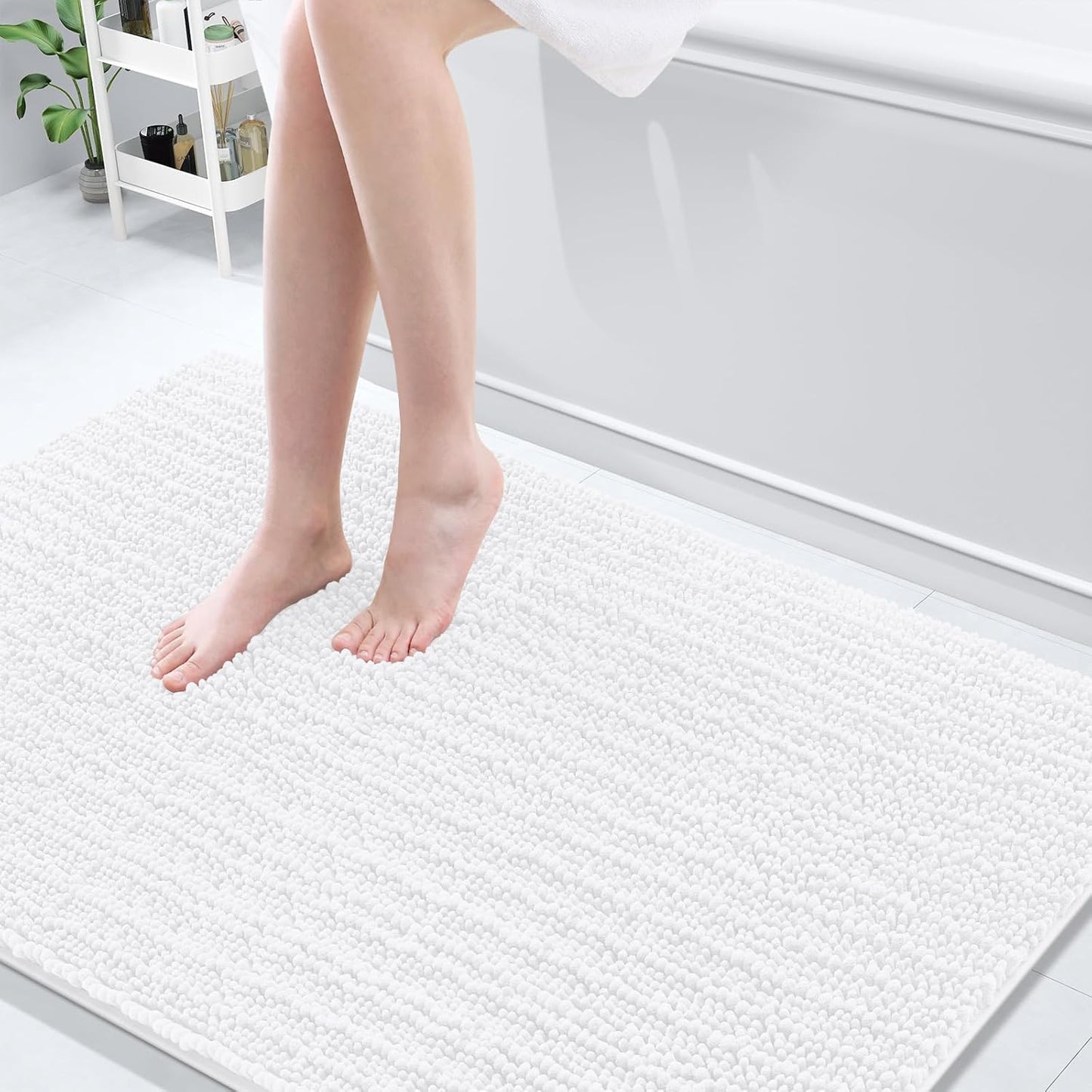 Arotive Luxury Chenille Bathroom Rug Mat, Extra Soft Thick Absorbent Shaggy Bath Rugs, Non-Slip Machine Wash Dry, Plush Bath Mats for Bathroom, Shower and Tub, 59x35, White