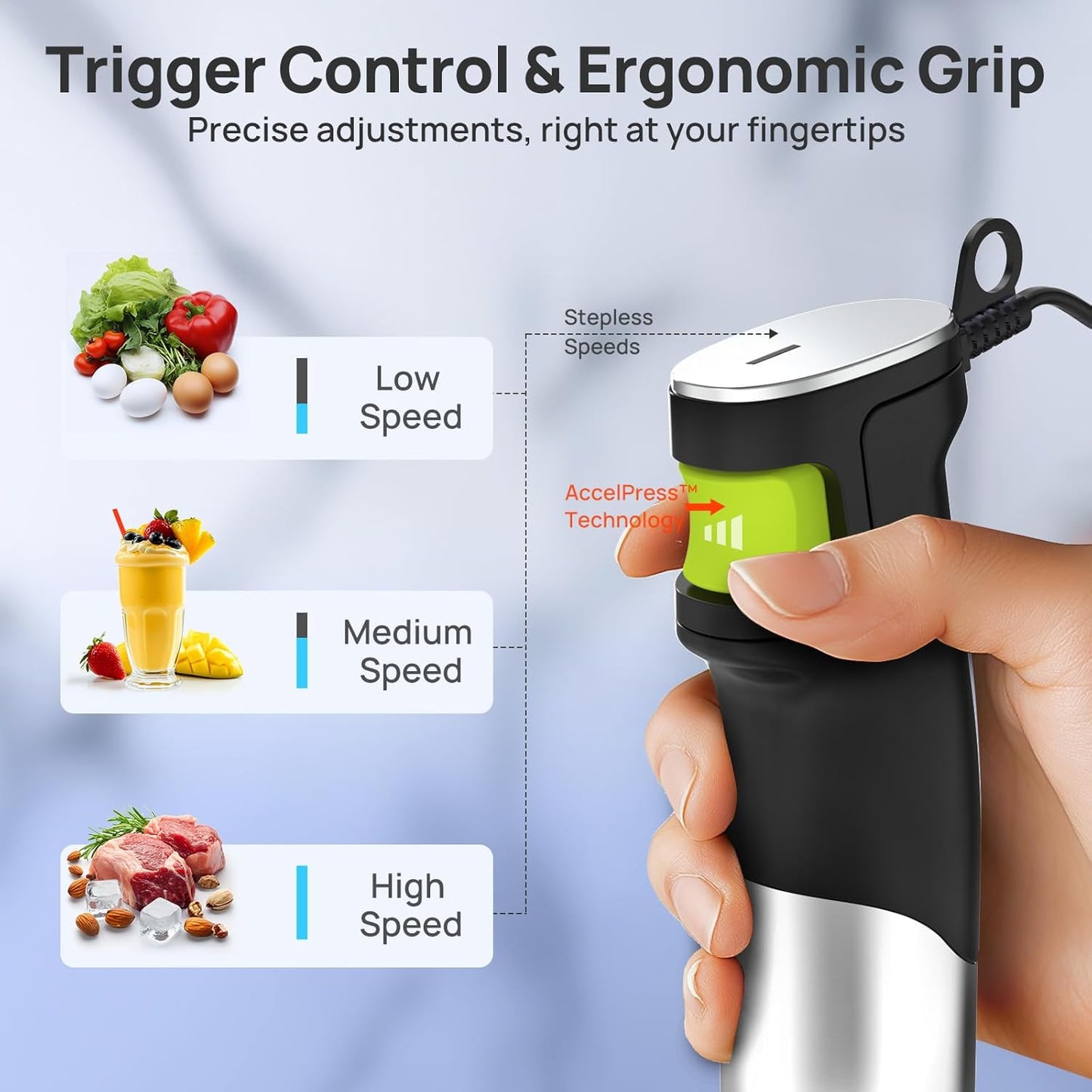 Consciot 10-in-1 Immersion Blender Handheld Max 1100W with Entire Stainless Steel Blender Shaft, Trigger Speed Control, 800ml Beaker, 600ml Chopper, Beaters, Frothers, Hooks, Masher, Whisk & 600ml Cup
