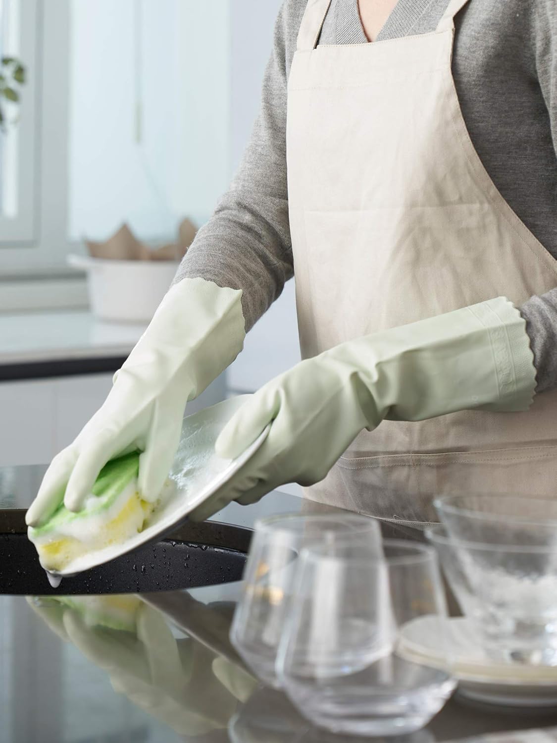LANON 3 Pairs wahoo Skin-Friendly Cleaning Gloves, Dishwashing Kitchen Gloves with Cotton Flocked Liner, Reusable, Non-Slip, Canary Green, Large