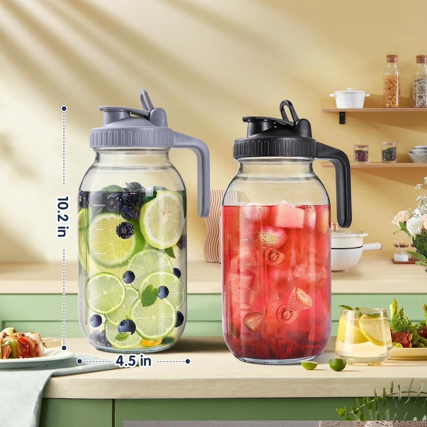 64OZ Glass Pitchers with Lid, Wide Mouth Water Jugs, Leak-Proof Airtight Mason Jars for Cold Brew Coffee, Iced tea, Milk, Food Storage, Sun Tea Jar (Grey)