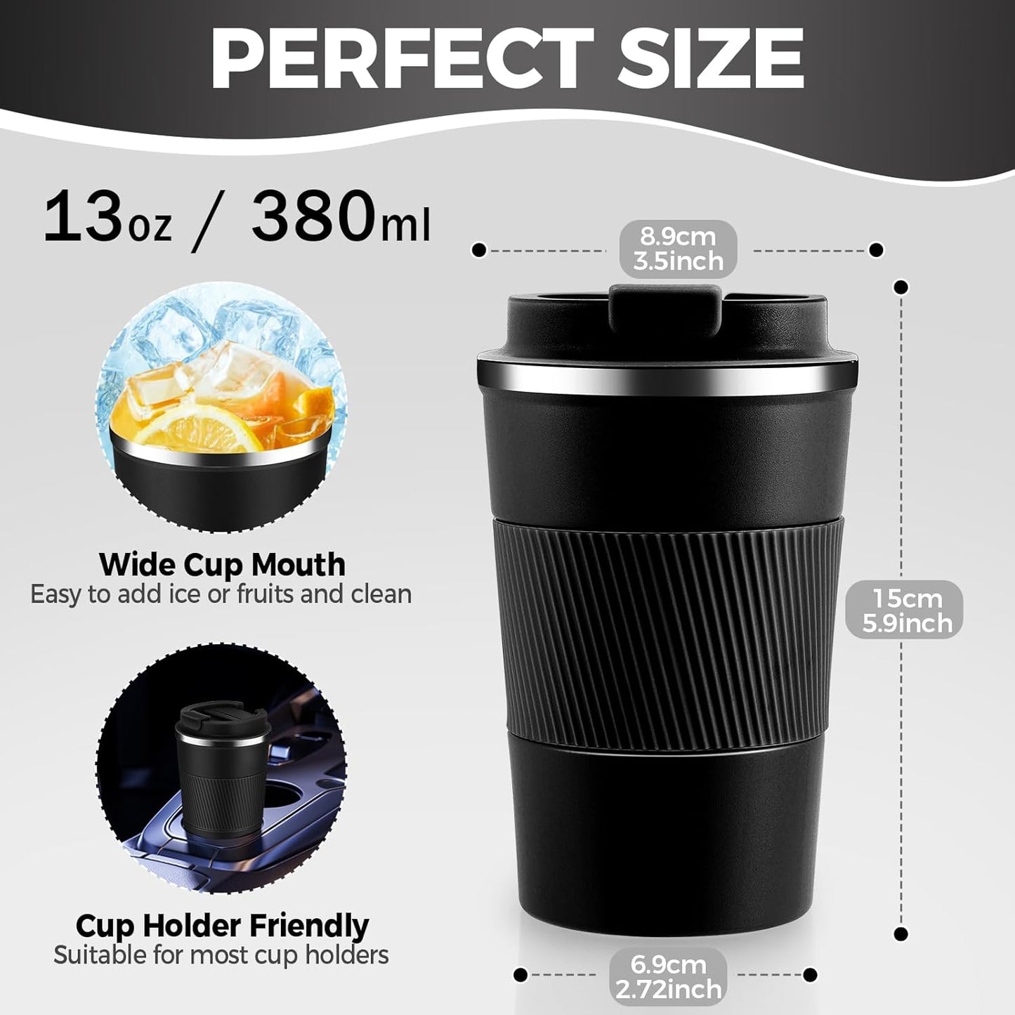 Volhoply 13 oz Stainless Steel Insulated Travel Coffee Mug with Fip Lid Bulk 2 Pack,Reusable Double Wall Vacuum Metal Coffee Cup,Portable Leak Proof Thermal Tumbler for Hot & Cold Drinks(Black,2)