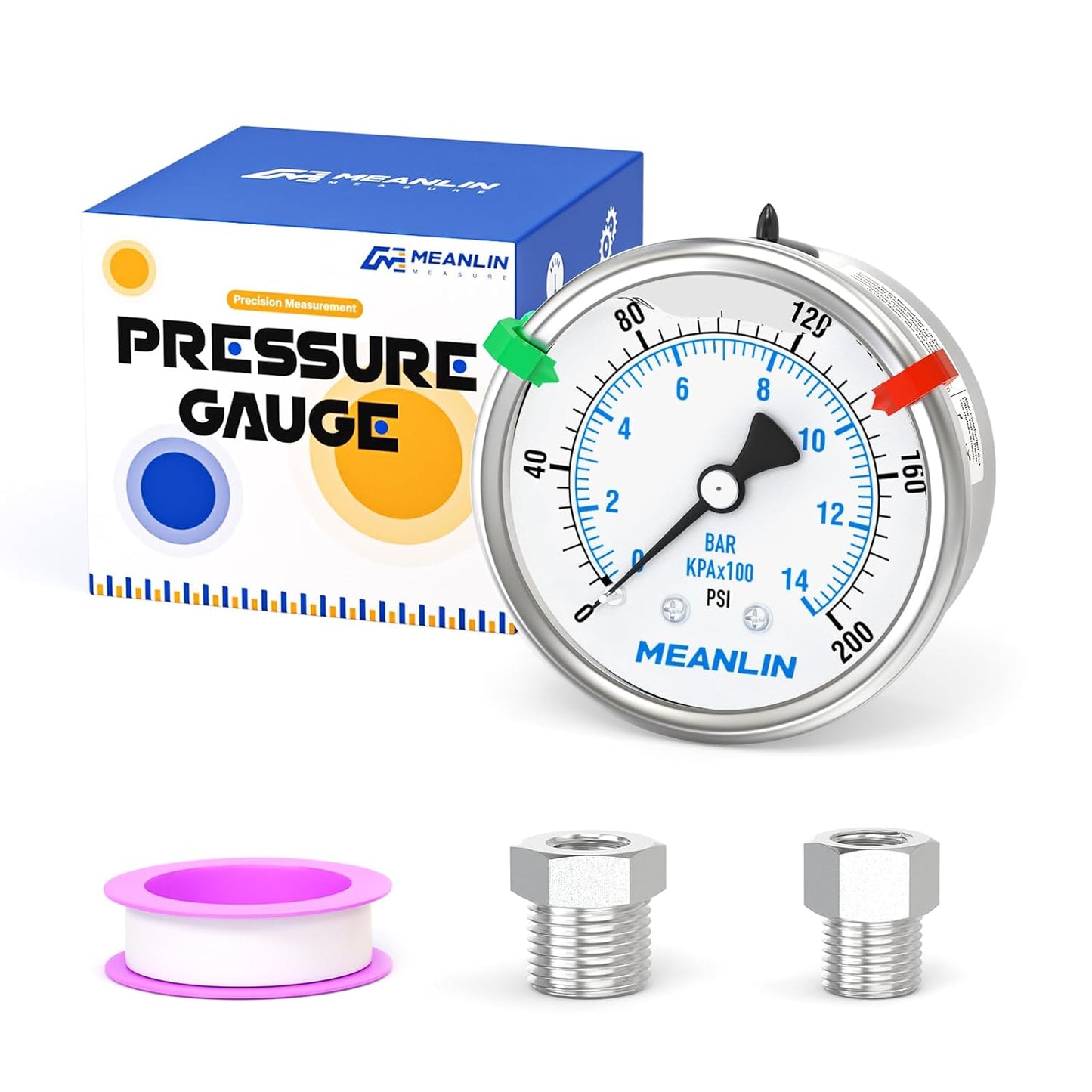 MEANLIN MEASURE 0~200Psi Stainless Steel Liquid Filled Pressure Gauge 2.5" FACE DIAL 1/4" NPT for Air Compressor Air Regulator Water Filter Back Mount with Stainless Steel Hex Bushing and Snaps