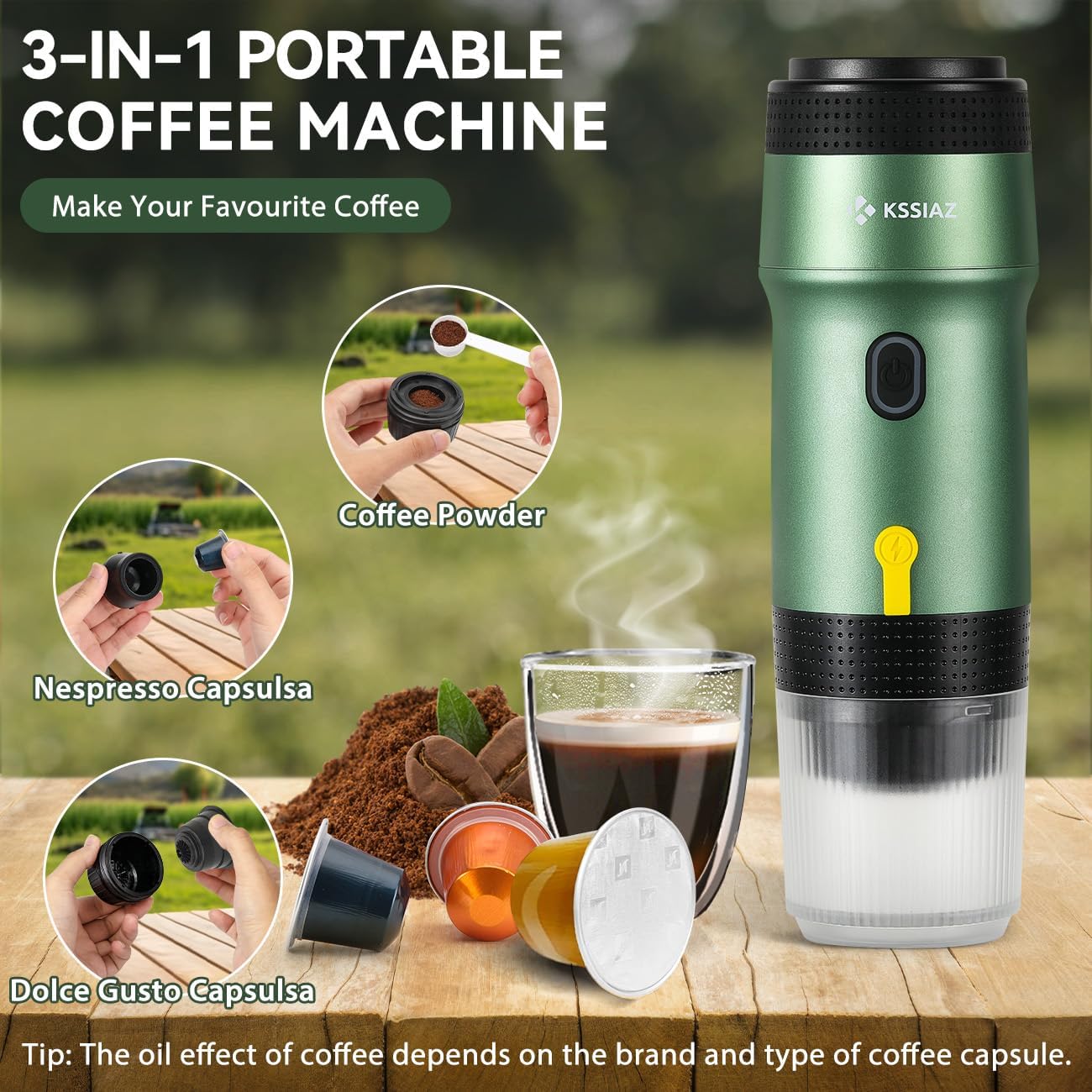 Portable Espresso Machines, Electric Espresso Maker with Self-Heating, USB-C & Car Charger, 20 Bar Mini Coffee Maker With NS Capsule & Ground Coffee for Camping, Hiking, Travel, Office, Green