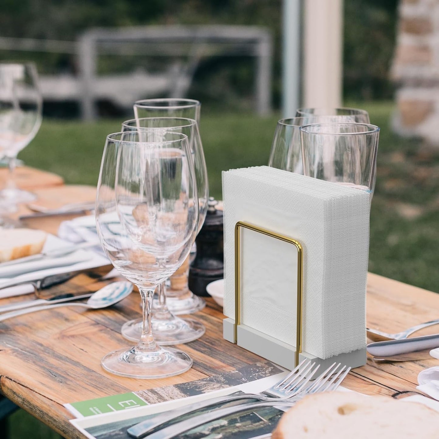 Napkin Holder for Table, Bamboo Iron Standing Napkin Dispenser for Dining Table Farmhouse Cocktail Picnic Rustic Wood Holders All Kitchen Dining Room Decor Gold & White