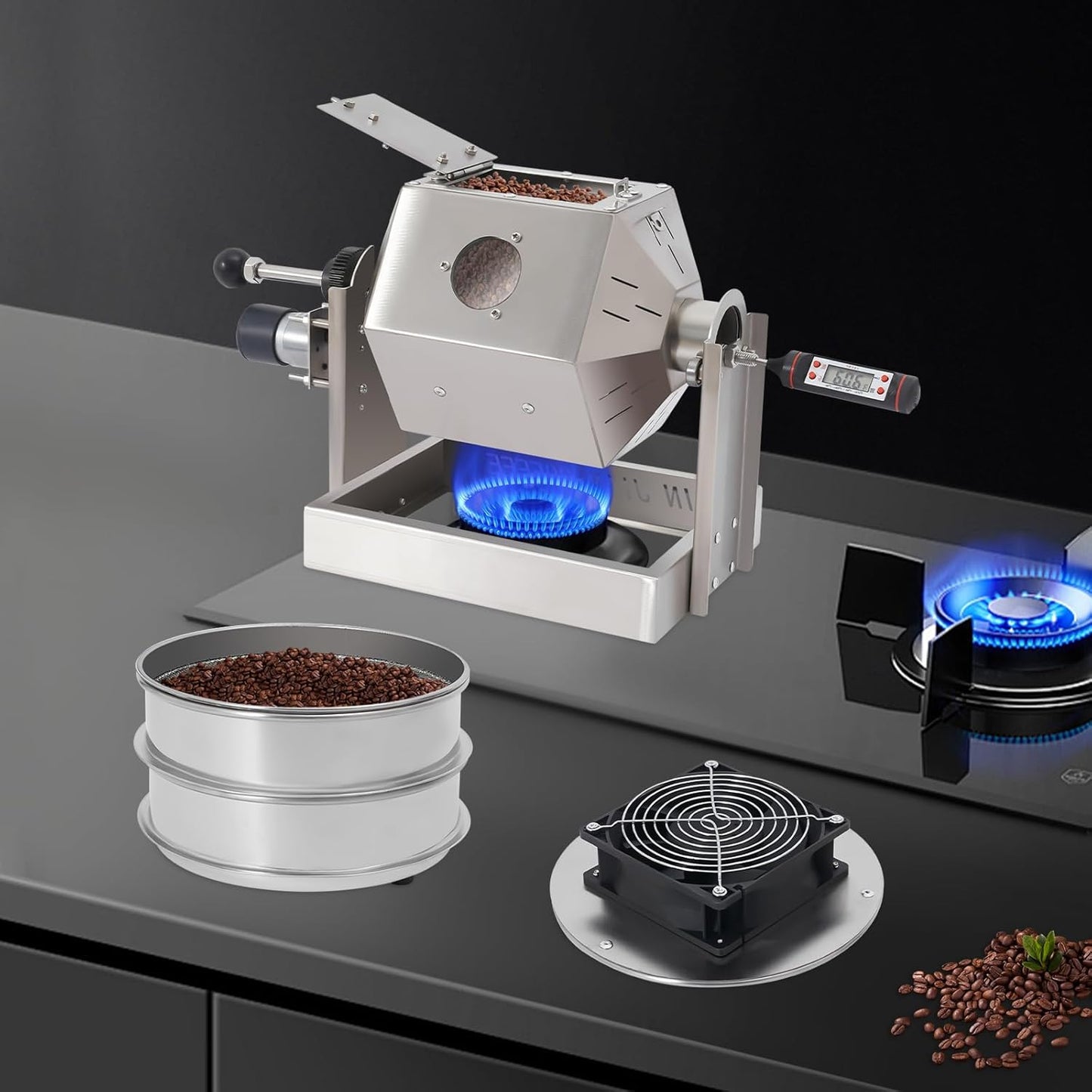 Coffee Bean Roaster with Coffee Bean Cooler, Gas 500g Coffee Bean Baker Drum Type Automatic Coffee Bean Roasting Machine for Home and Commercial Use