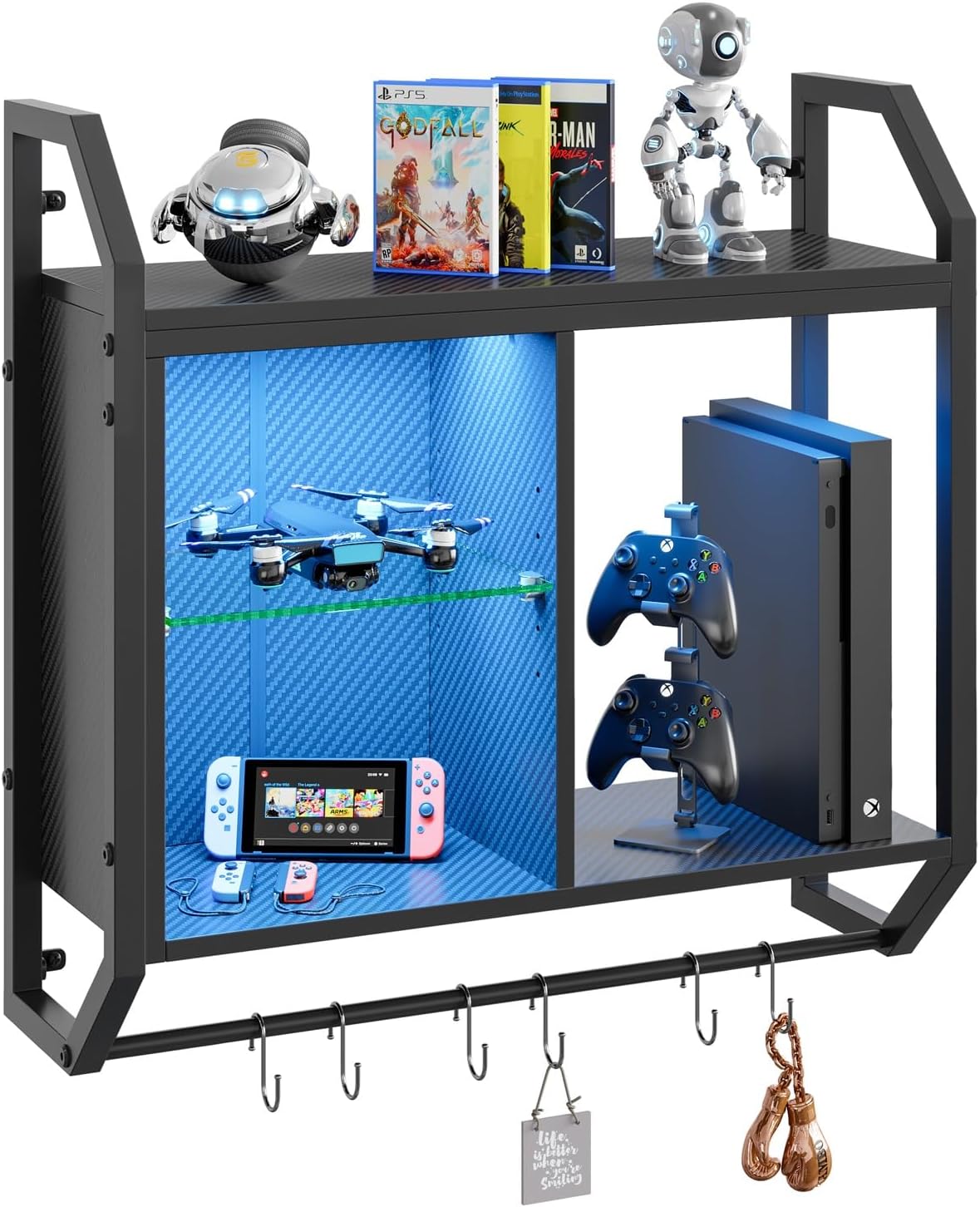 Bestier 25" LED Gaming Floating Shelves for Wall, Wall Mounted Shelf Pipe Adjustable Glass Shelves, Hanging Display Rack with 6 S-Hooks Towel Bar, Gaming Room Decor Shelf, Carbon Fiber Black