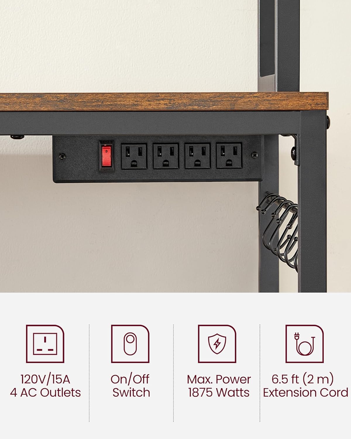 VASAGLE Hutch Bakers Rack with Power Outlet, 14 Hooks Microwave Stand, Adjustable Coffee Bar with Metal Wire Panel, Kitchen Storage Shelf, 15.7 x 23.6 x 66.9 Inches, Rustic Brown and Black UKKS037B01
